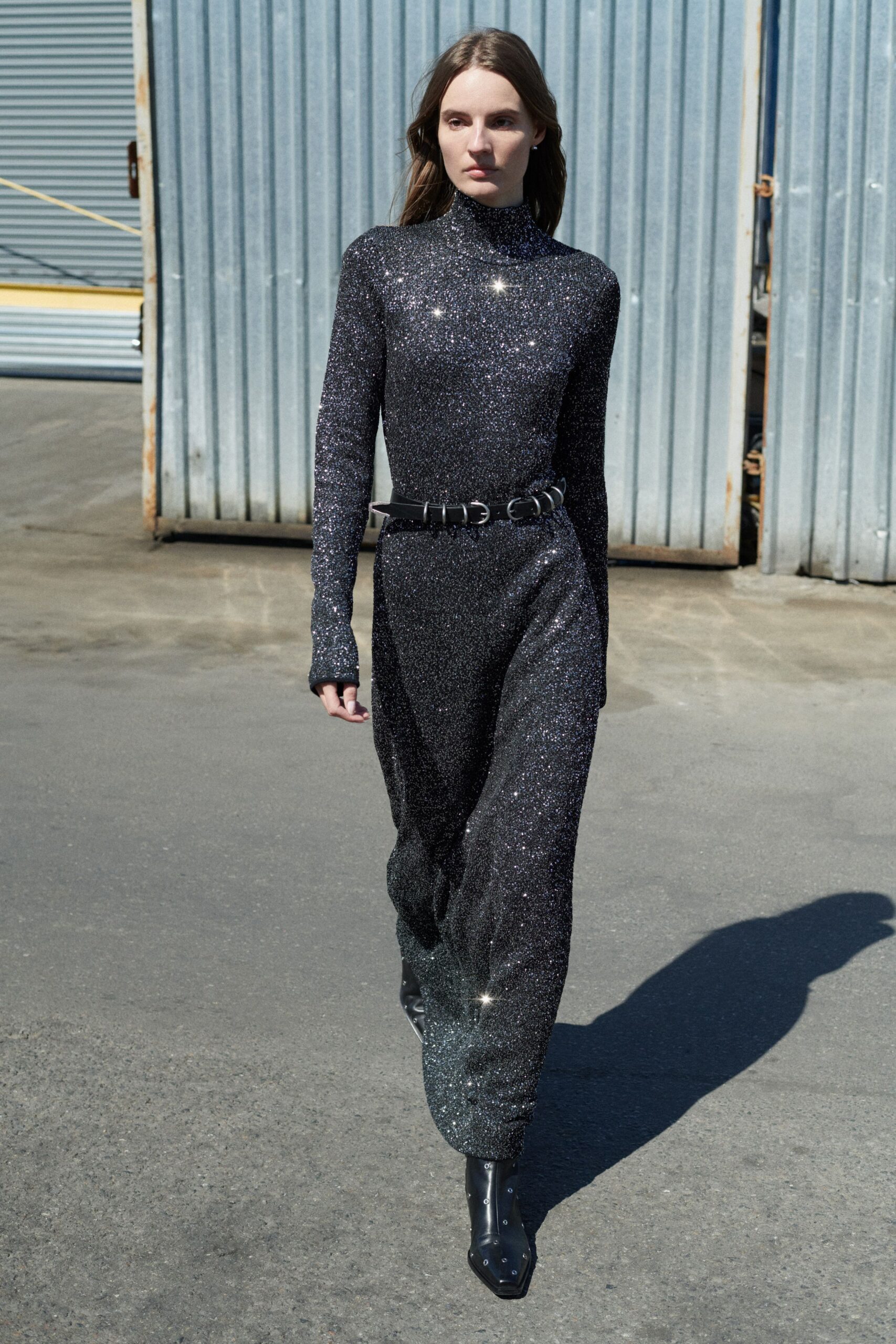 black metallic long-sleeve high-neck fitted sequined draped gown