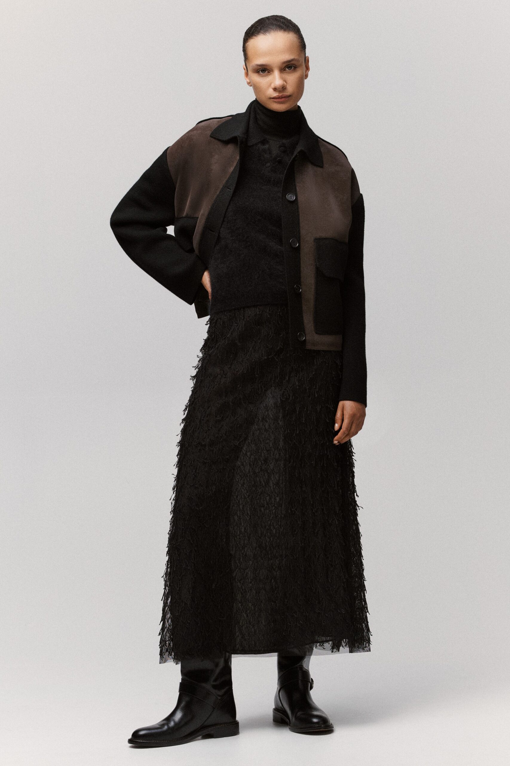 brown wool long-sleeve collared relaxed buttoned color-blocked jacket