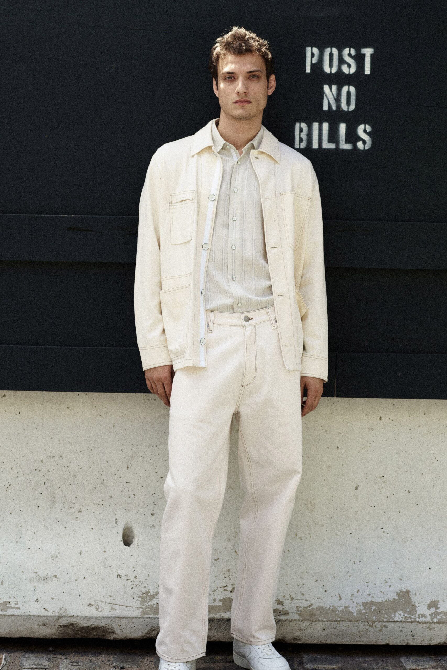 white denim jacket with beige shirt