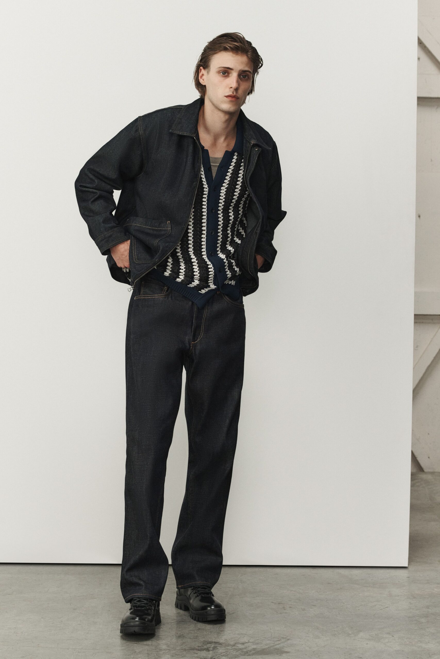 black denim jacket with printed shirt
