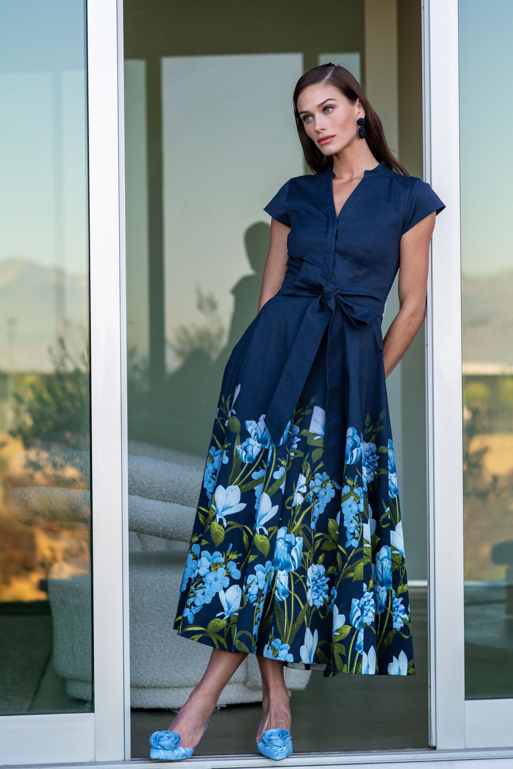 navy floral midi dress with blue shoes