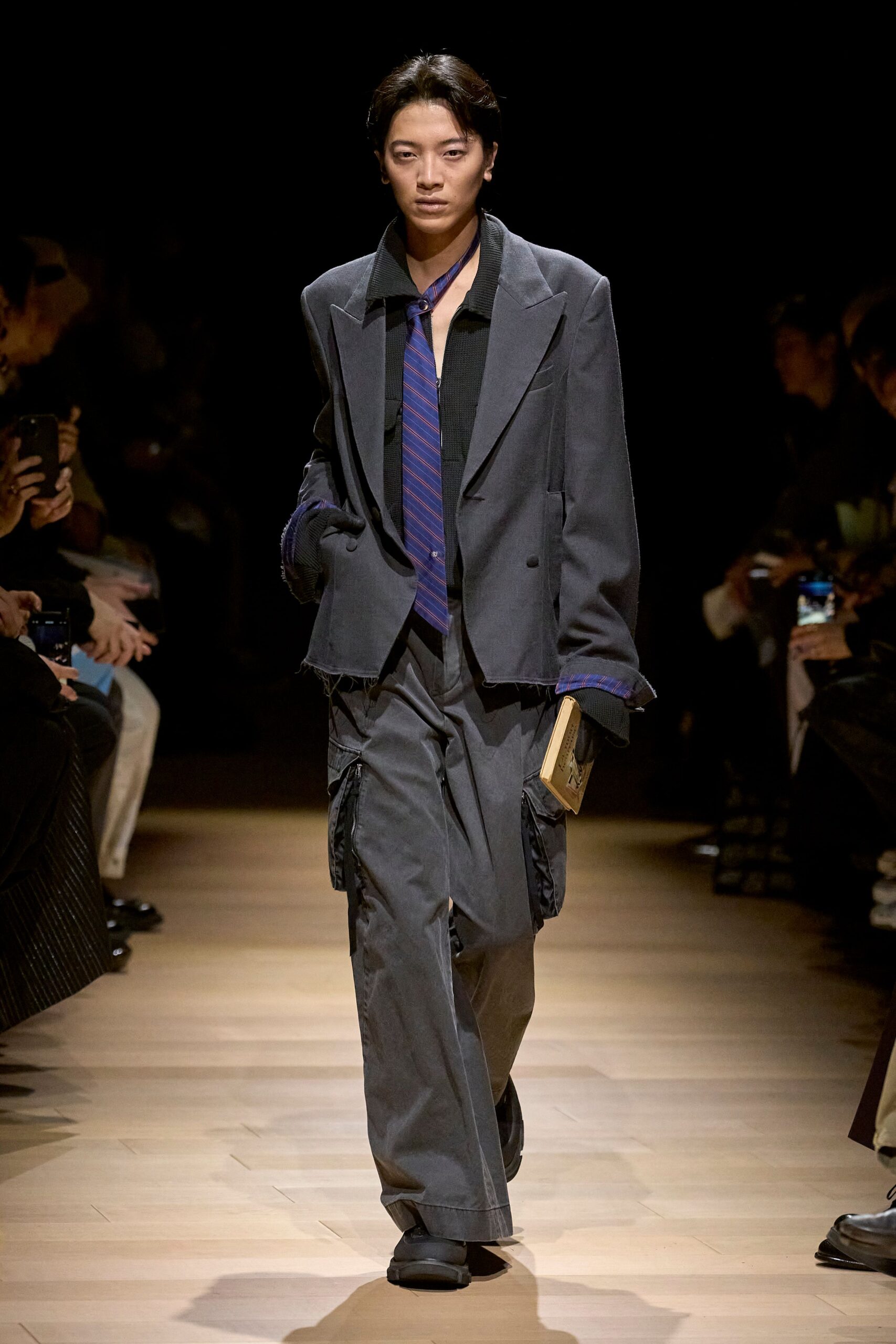 gray relaxed suit with black shirt