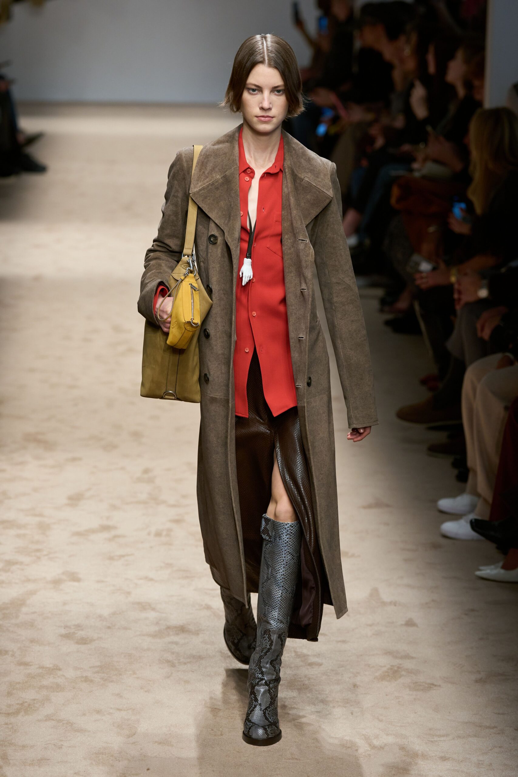 brown suede long-sleeve collared relaxed buttoned maxi coat