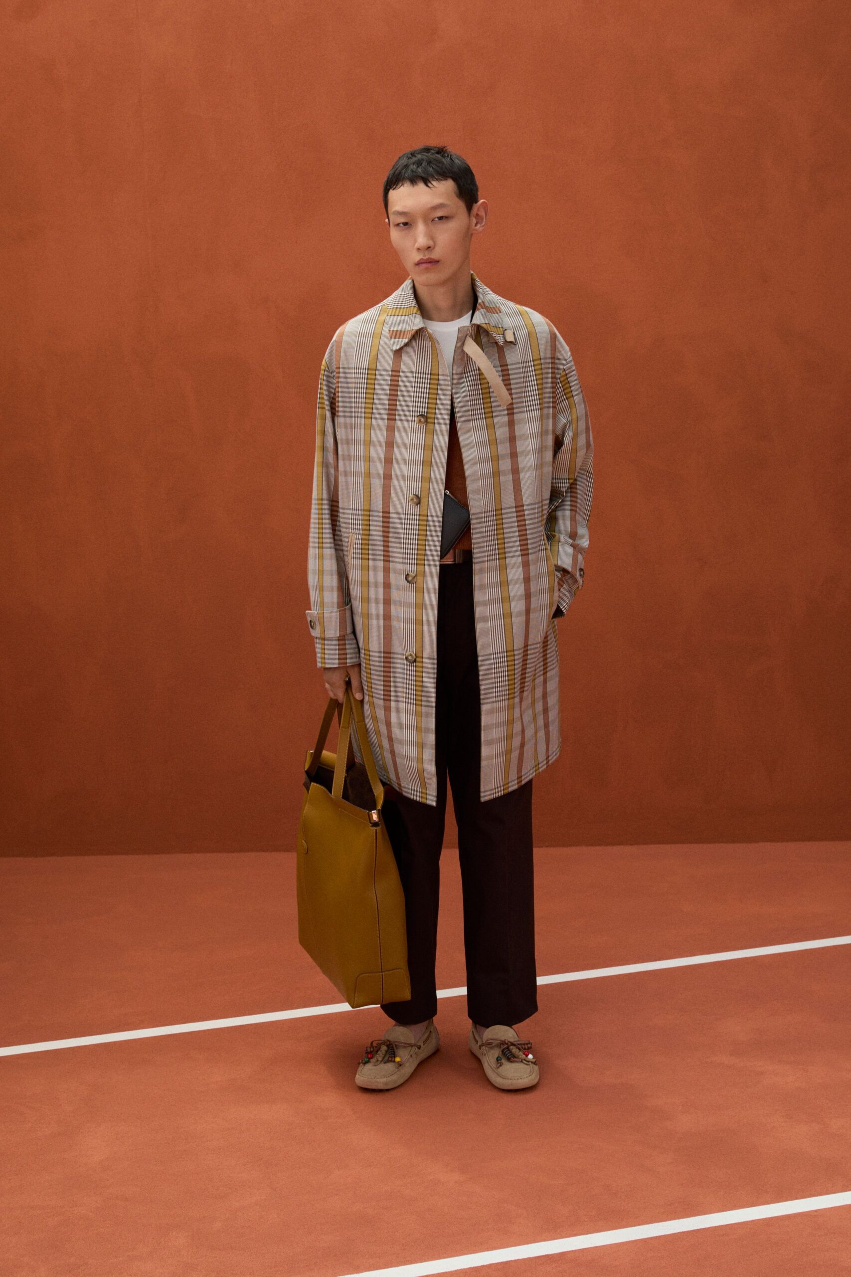 beige checked shirt with black pants