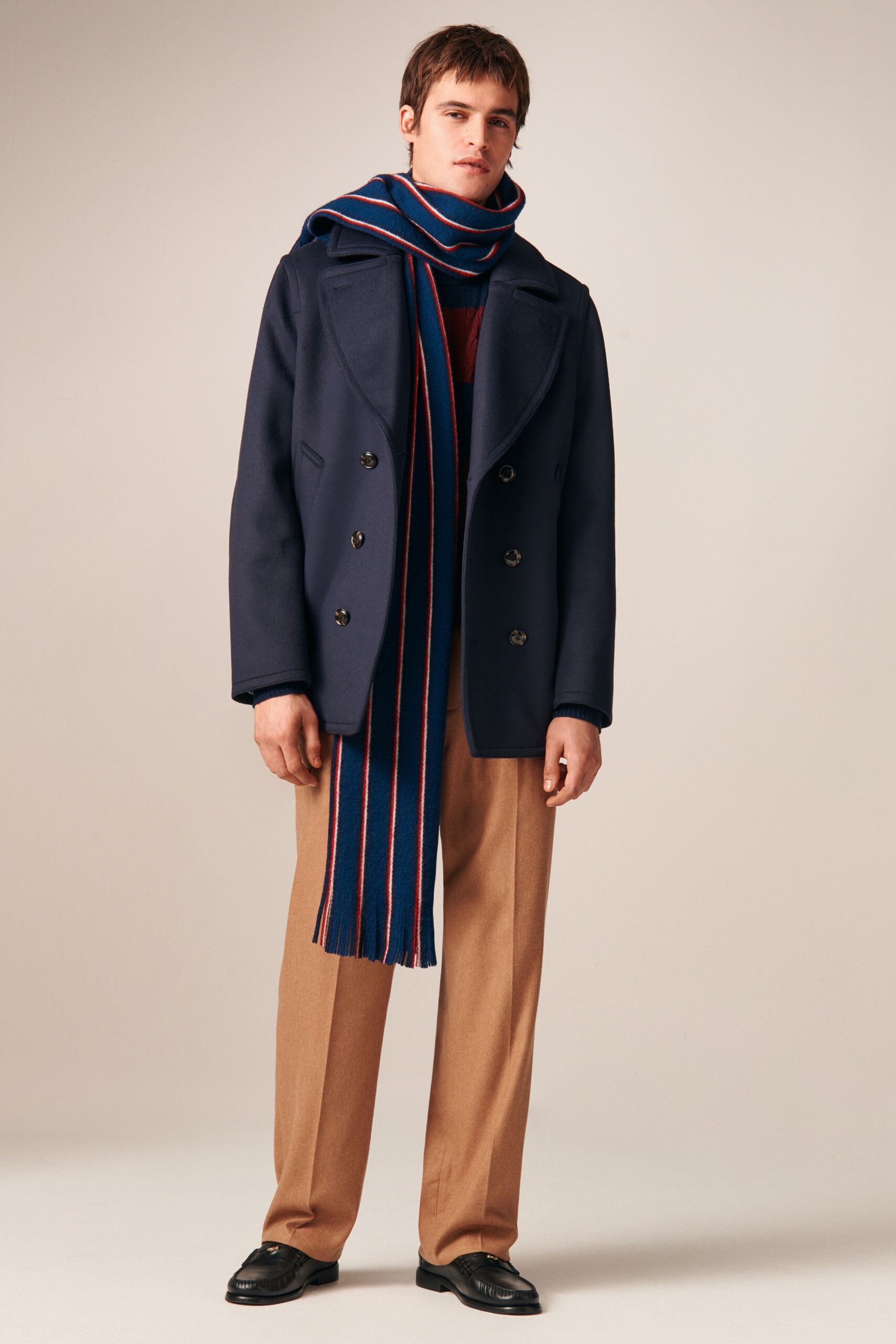 blue wool long-sleeve collared structured coat
