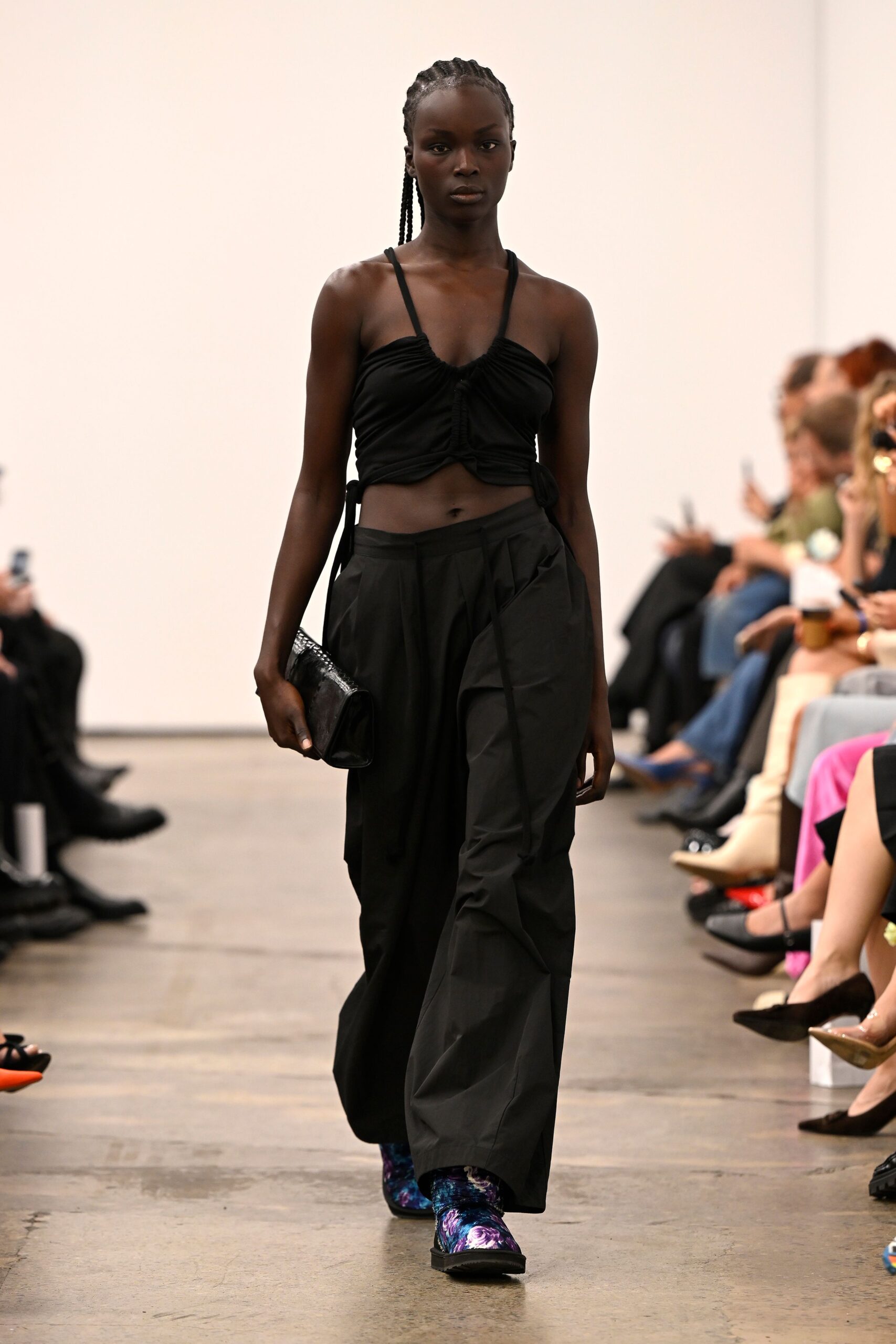 black fitted top with relaxed pants