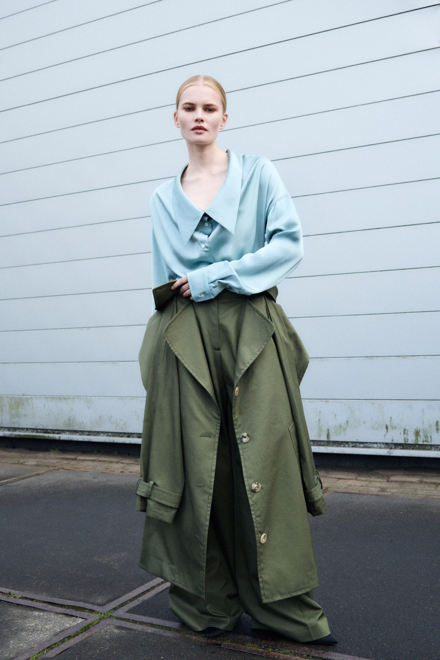 blue silk long-sleeve collared relaxed blouse