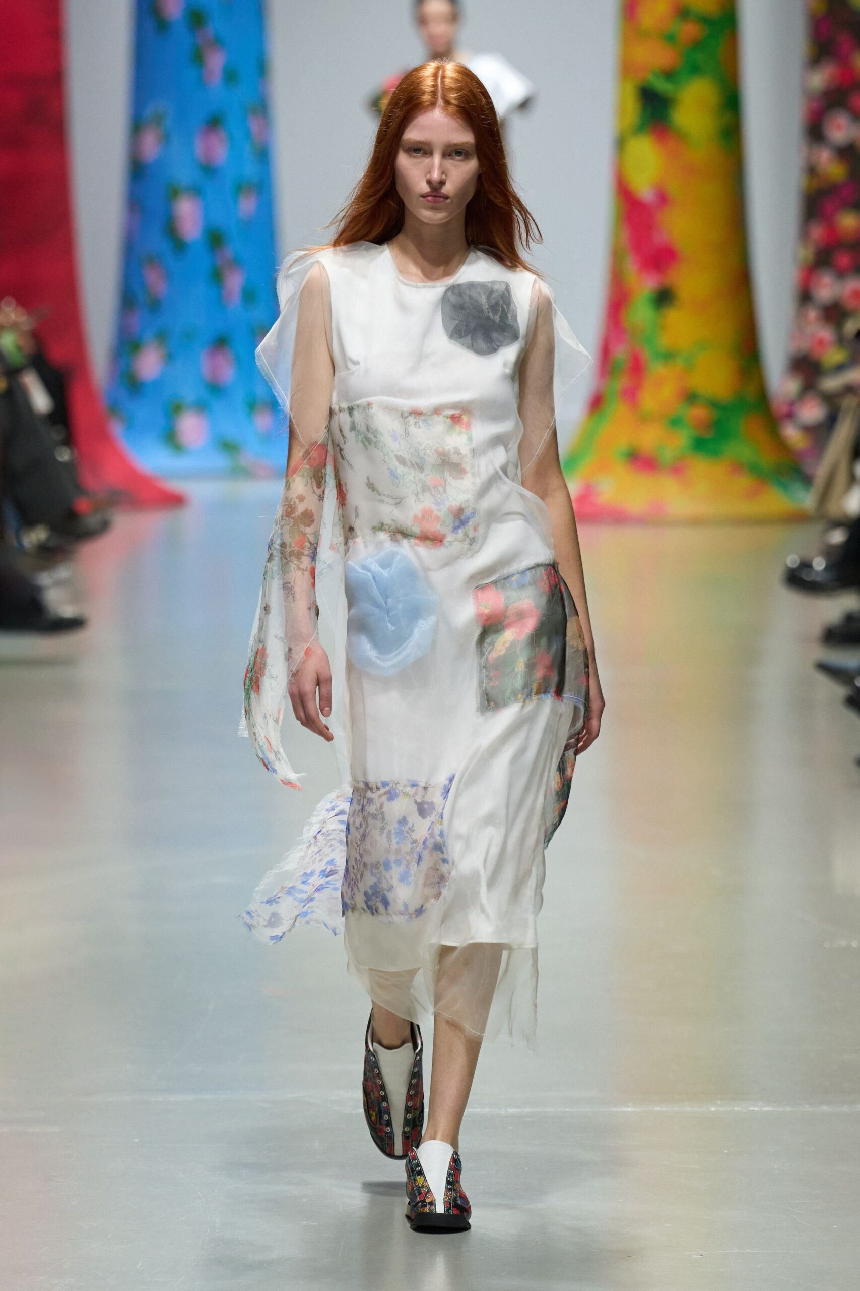 sheer floral midi dress with printed shoes