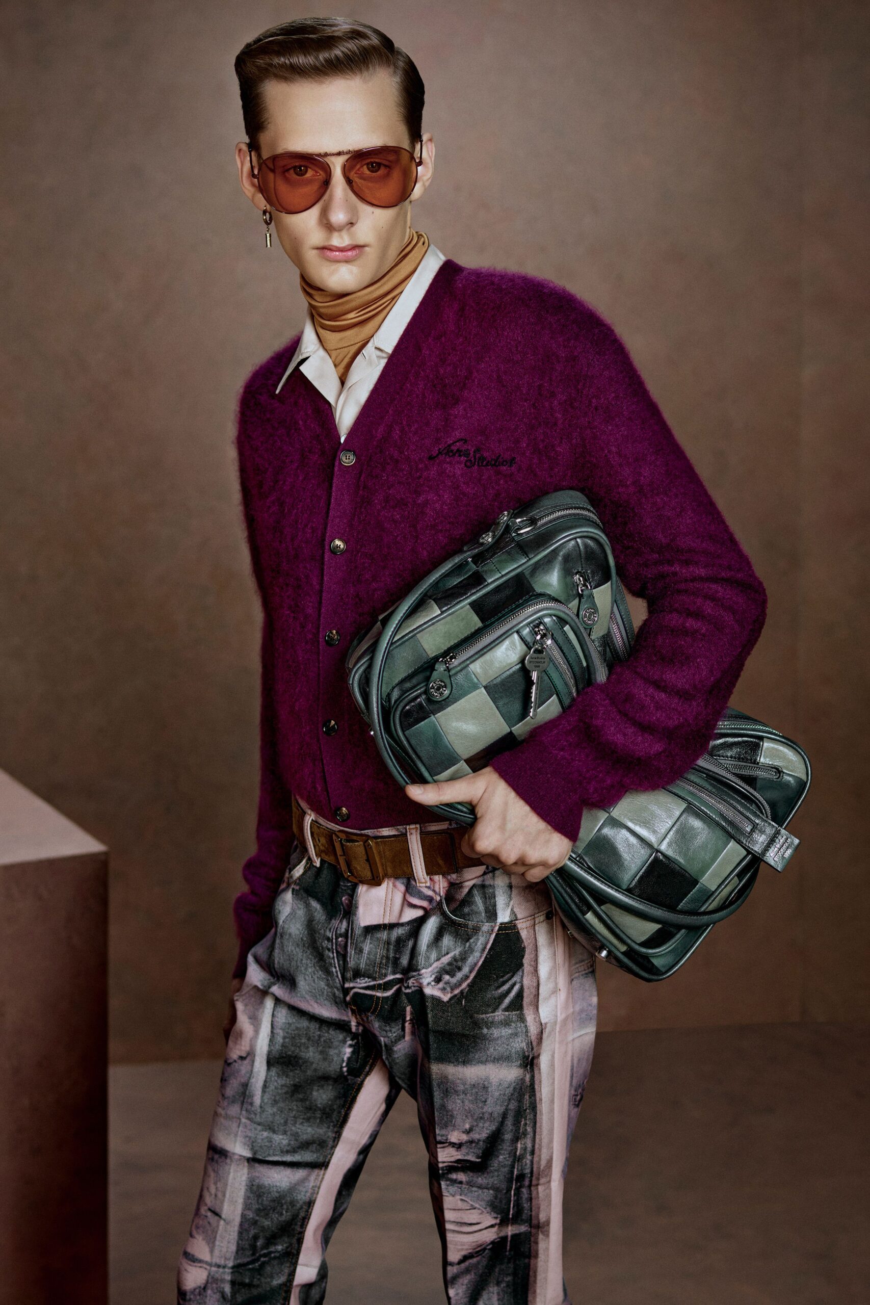 purple wool cardigan with distressed pants