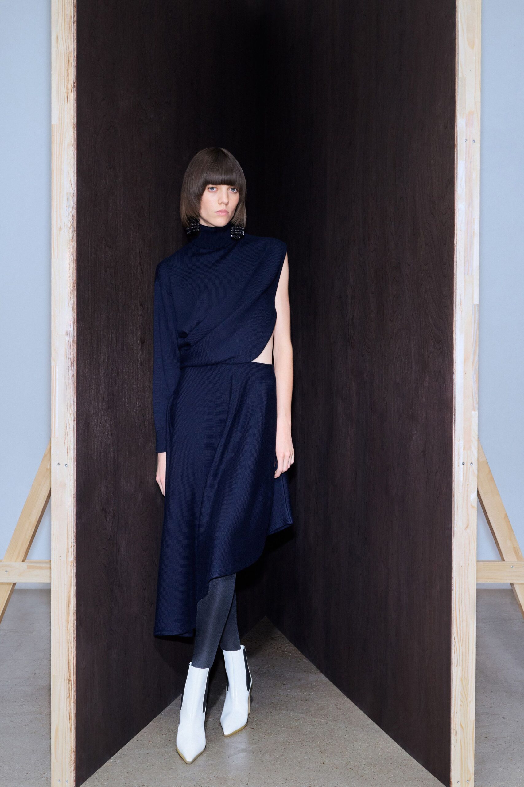blue wool long-sleeve asymmetric fitted draped midi dress