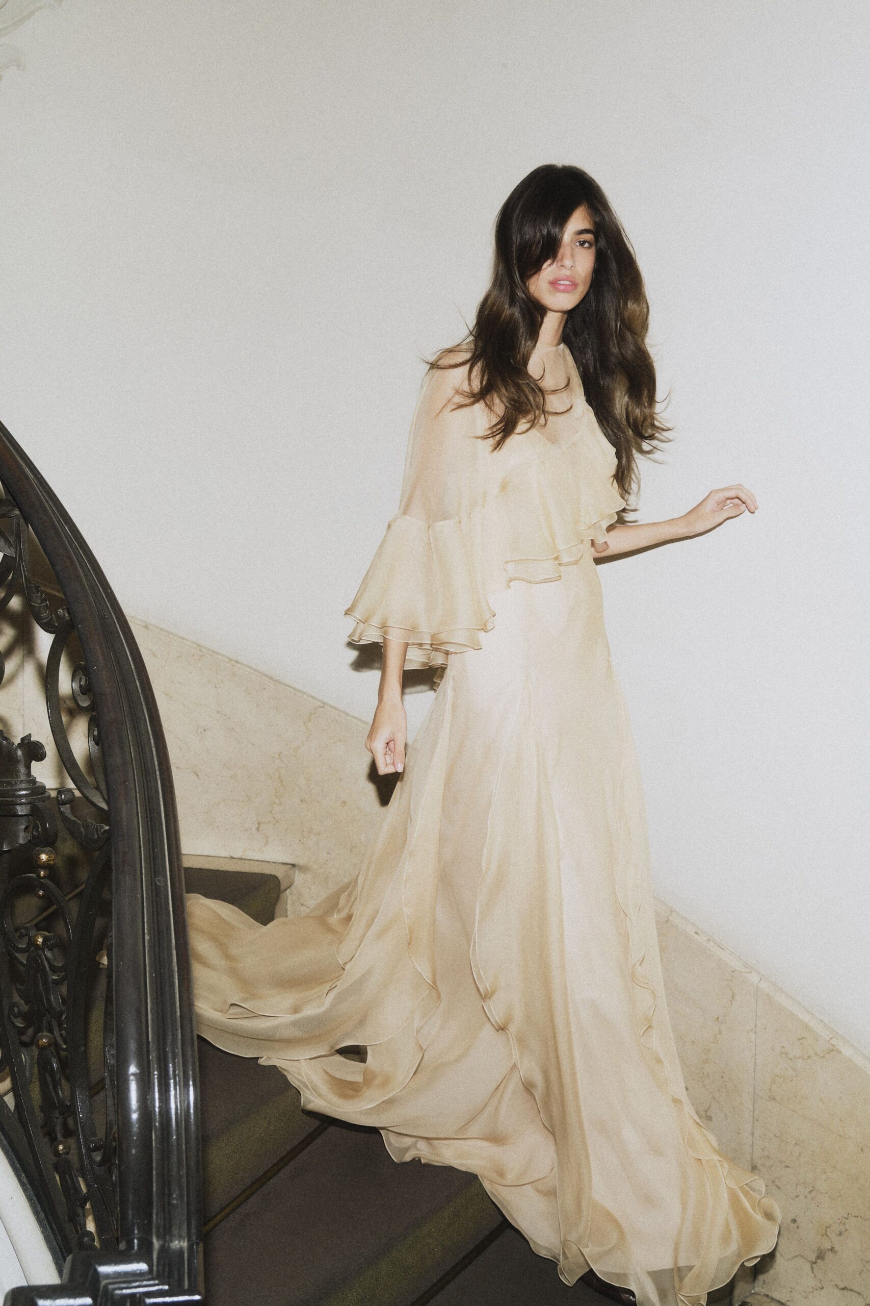 beige silk flowing gown