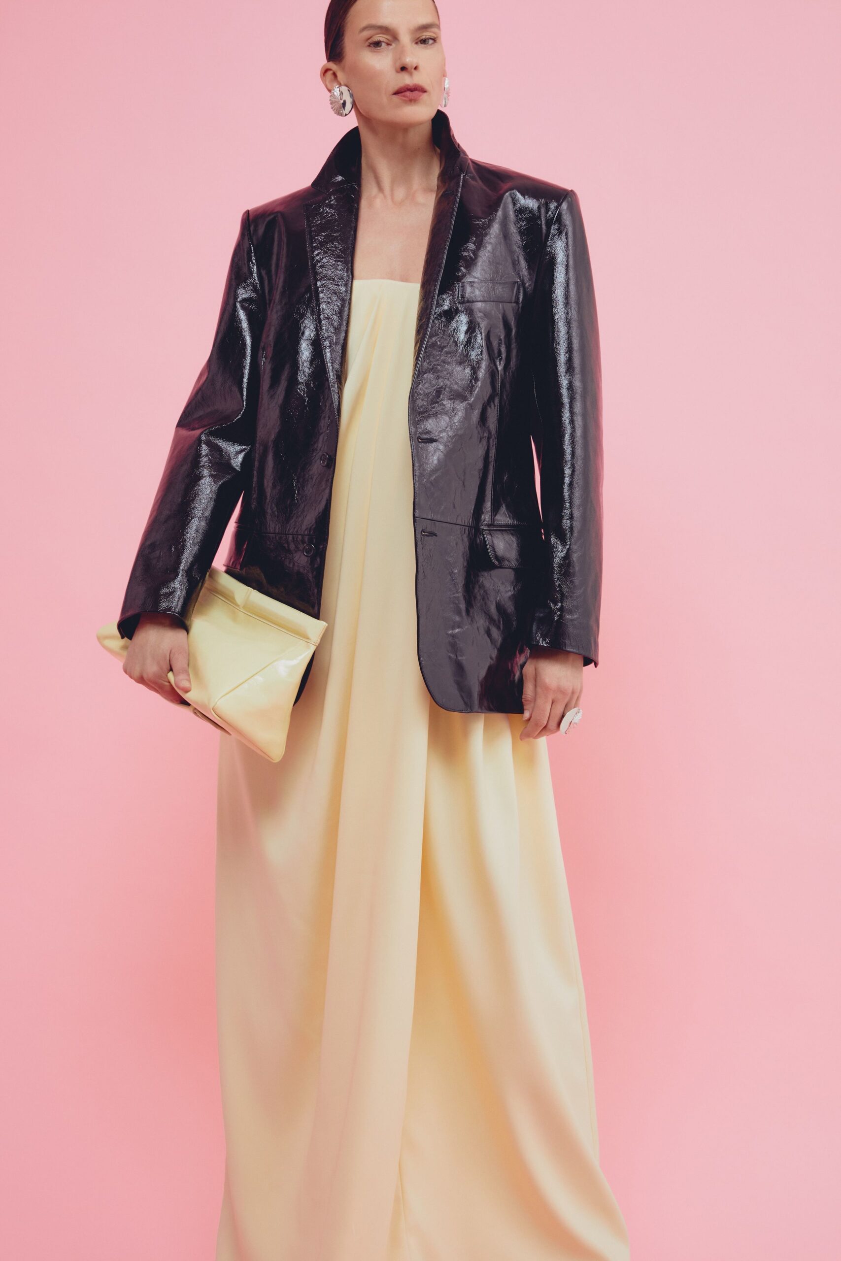 black vinyl blazer yellow gown