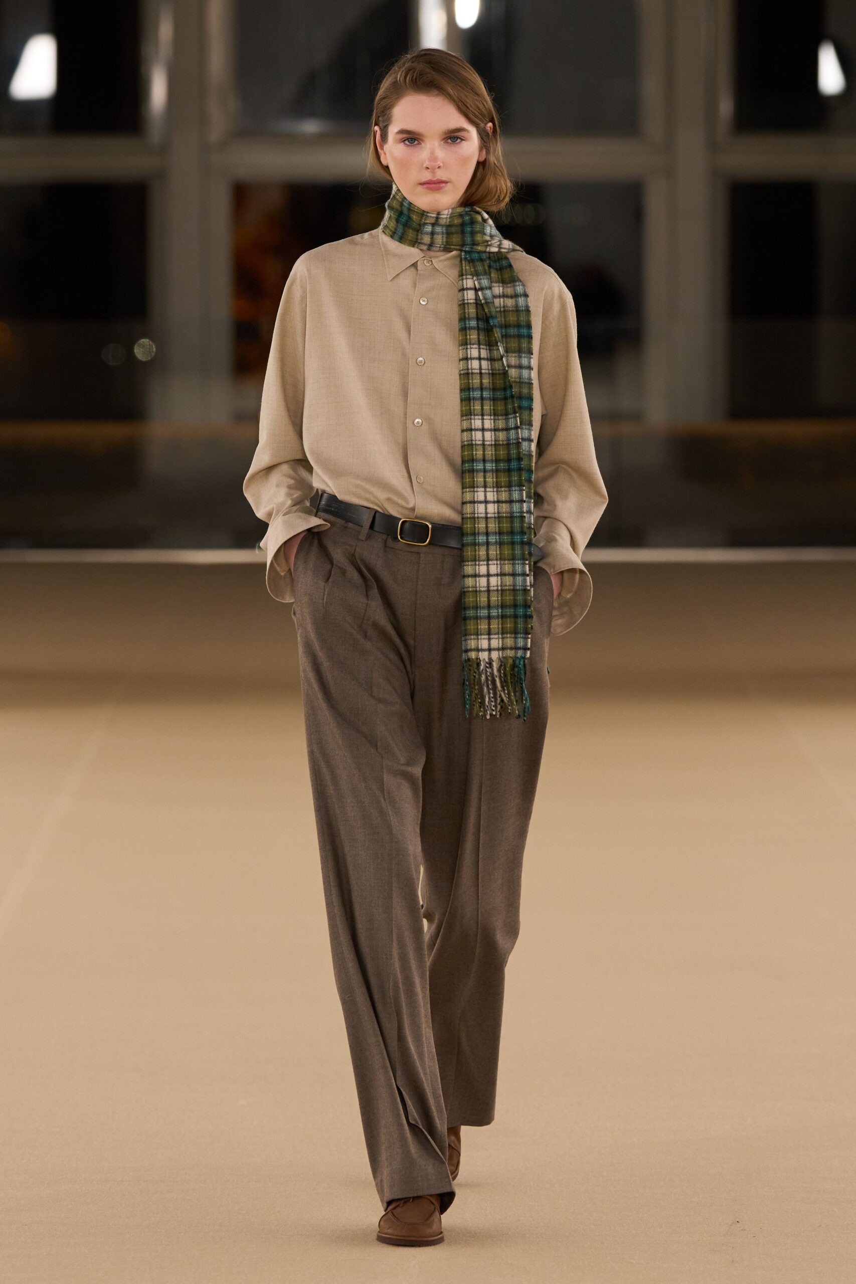 beige shirt brown pants outfit