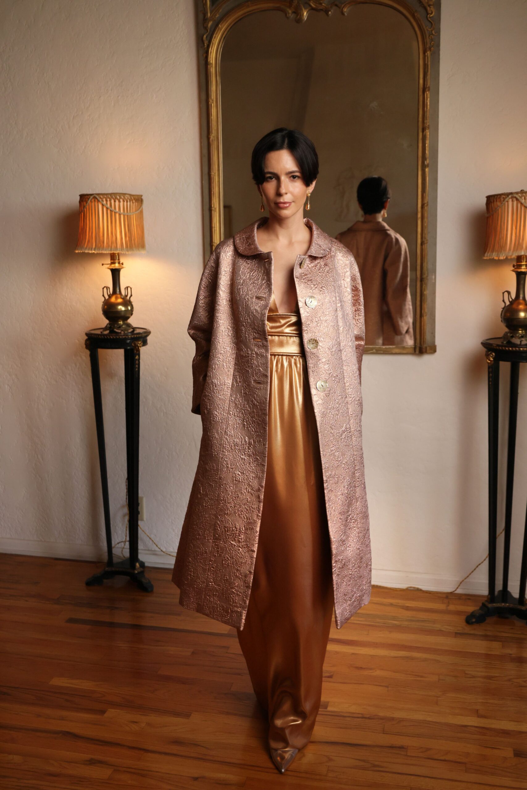 pink silk long-sleeve collared relaxed embroidered maxi coat