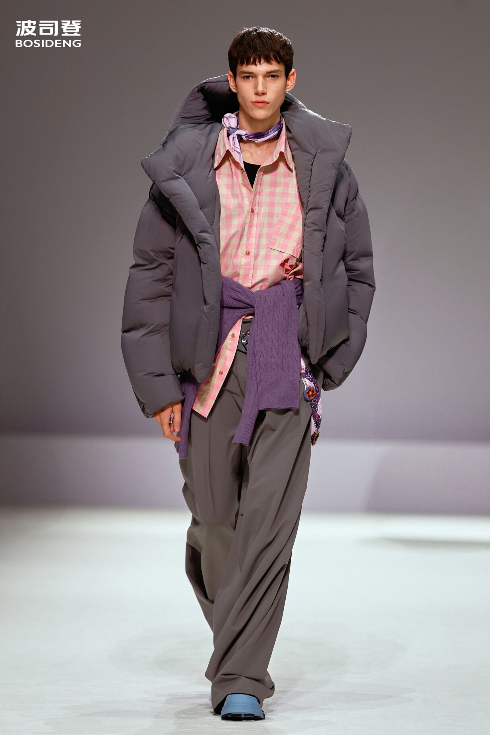 gray jersey long-sleeve collared oversized padded jacket