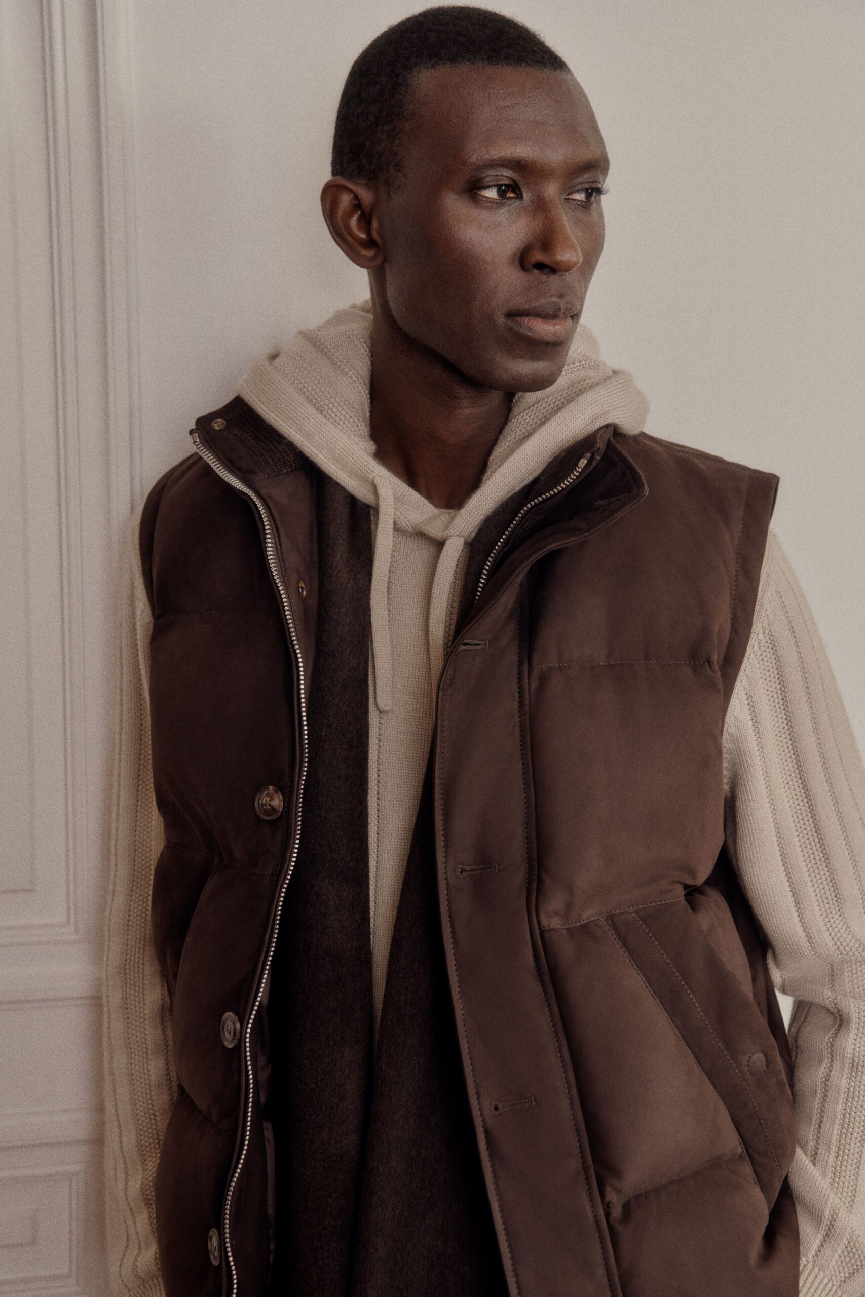 brown vest beige hoodie gray scarf
