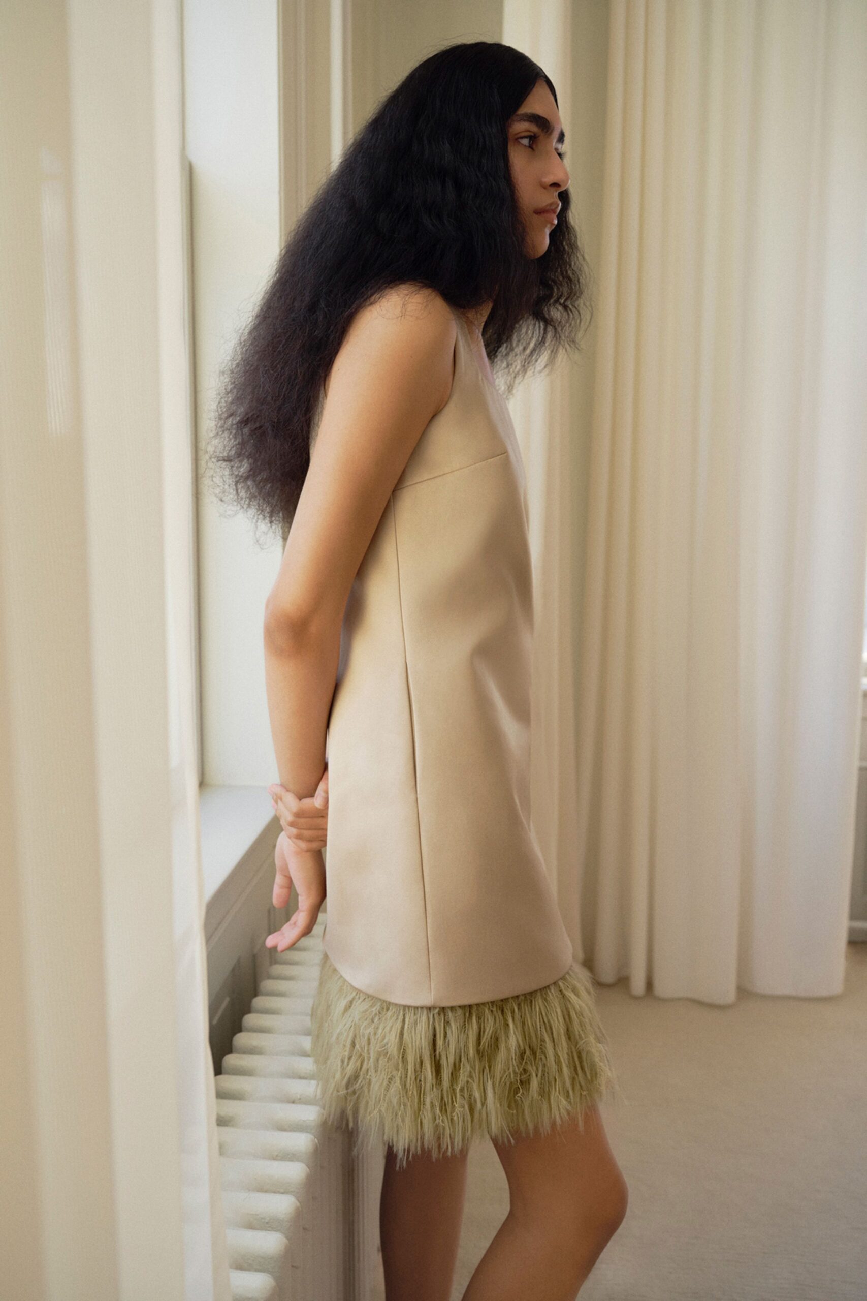 beige silk sleeveless mini dress