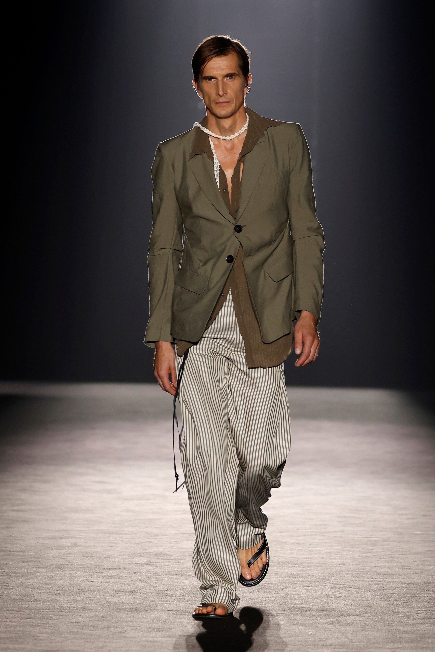 gray blazer with striped pants