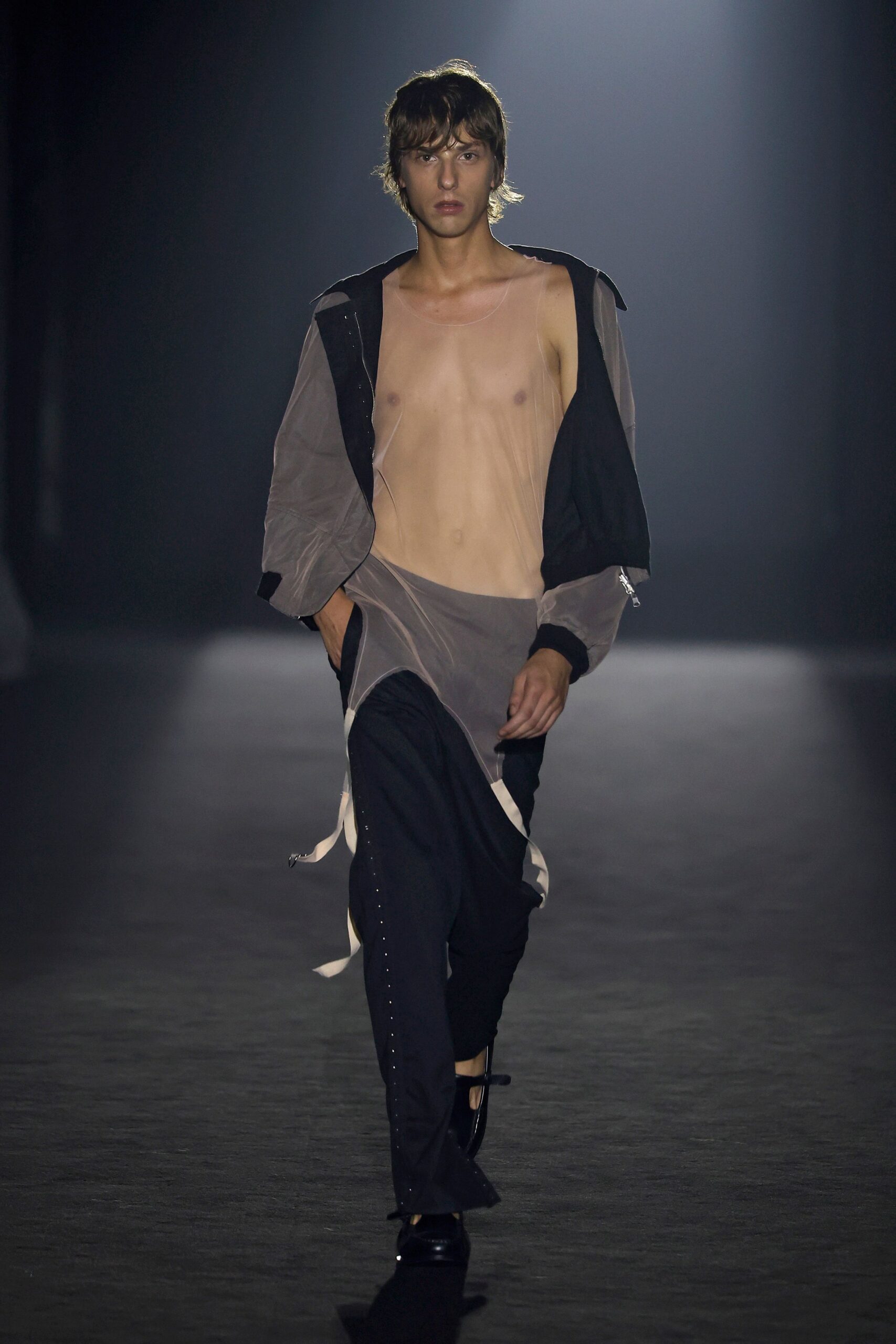 black sheer layered shirt with fitted pants