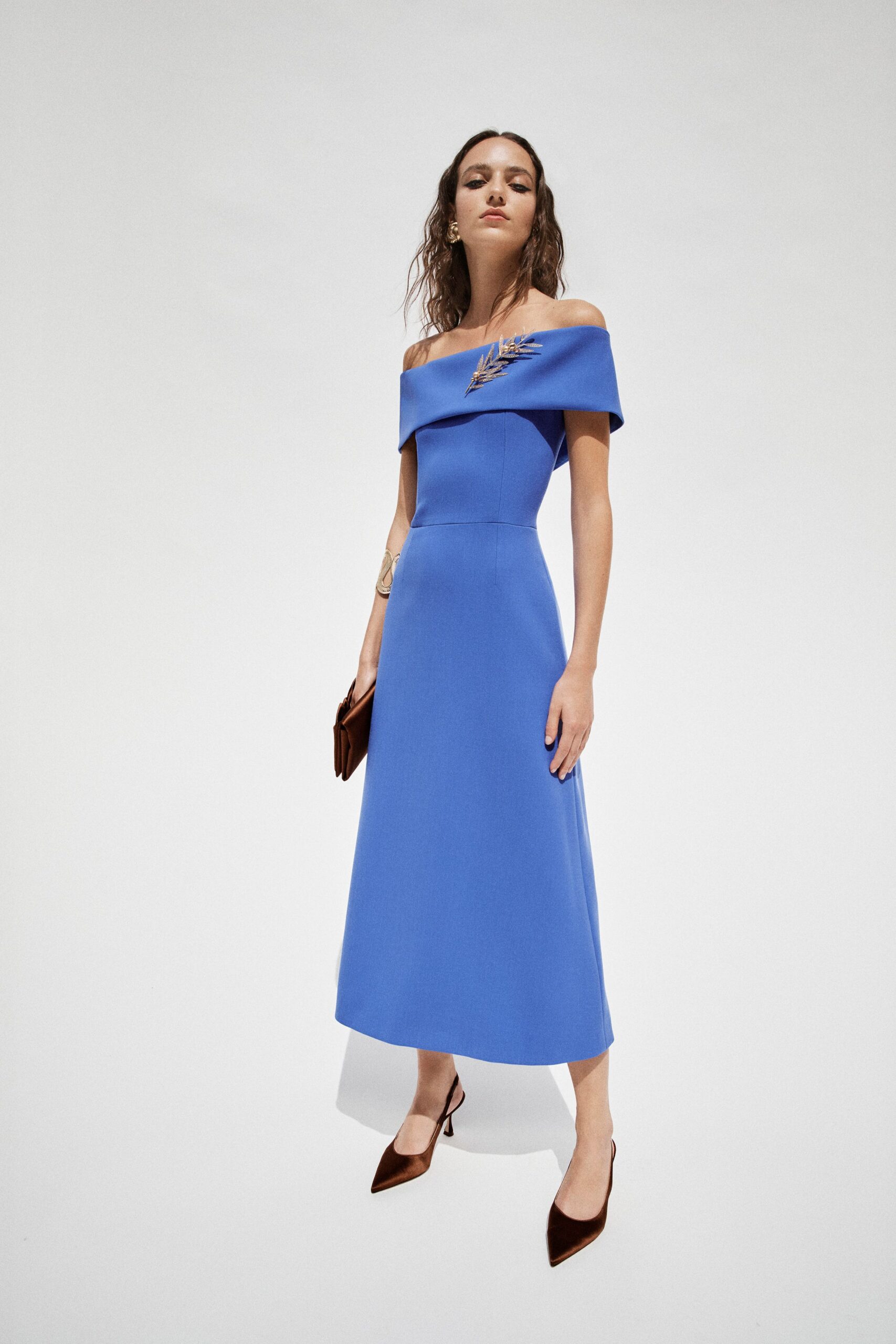 blue cotton off-shoulder fitted embellished midi gown