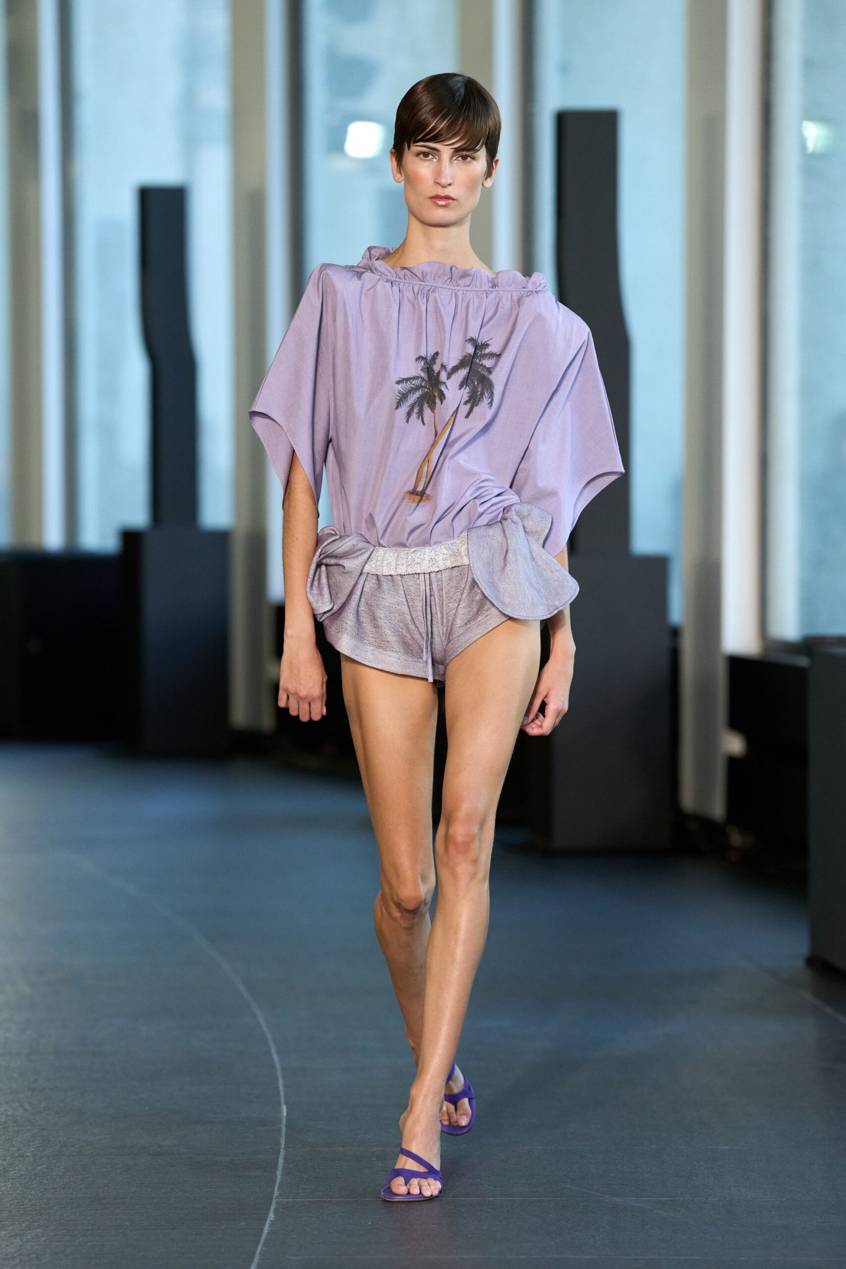 purple relaxed top gray fitted shorts