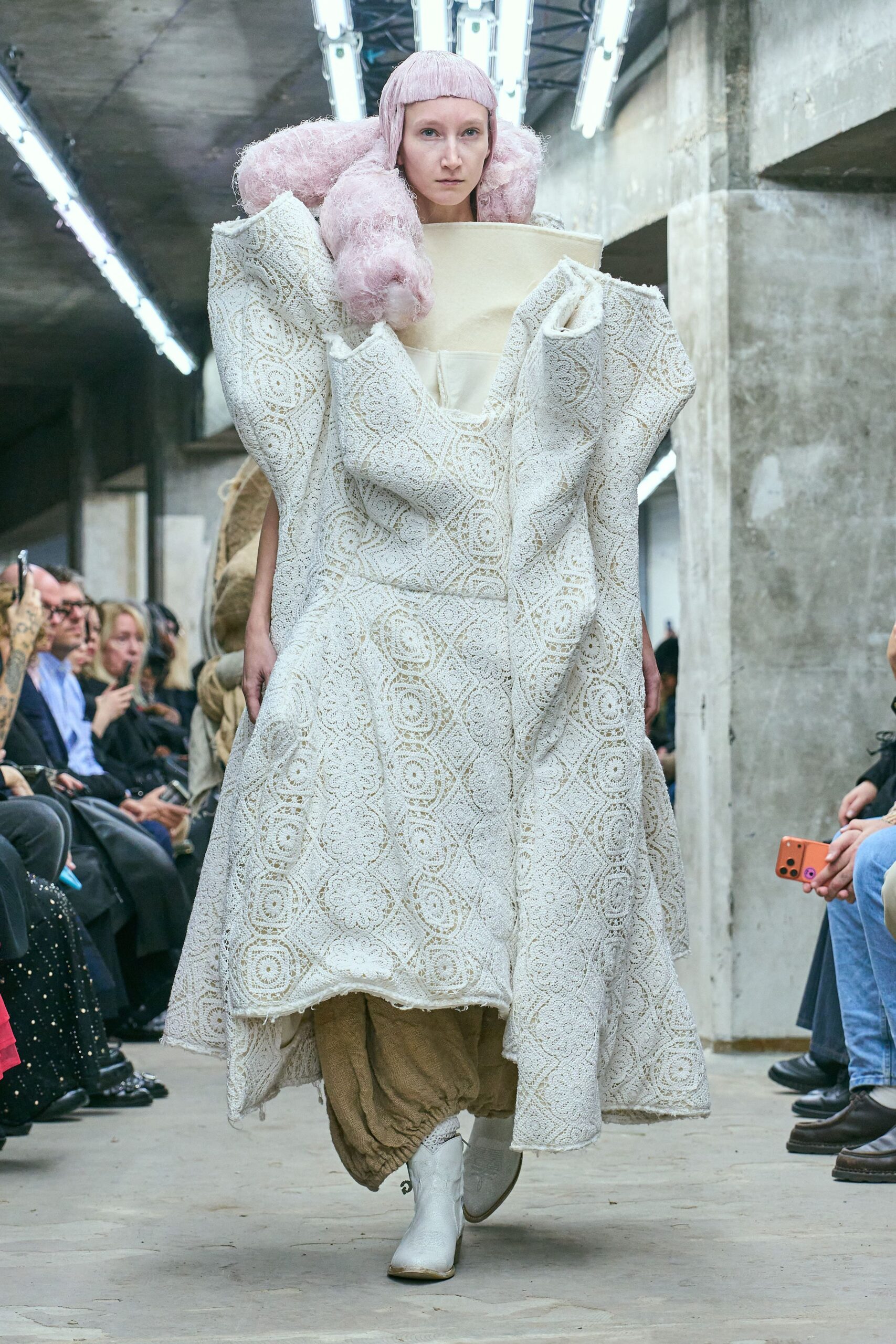 white lace long-sleeve high-neck oversized layered embroidered gown