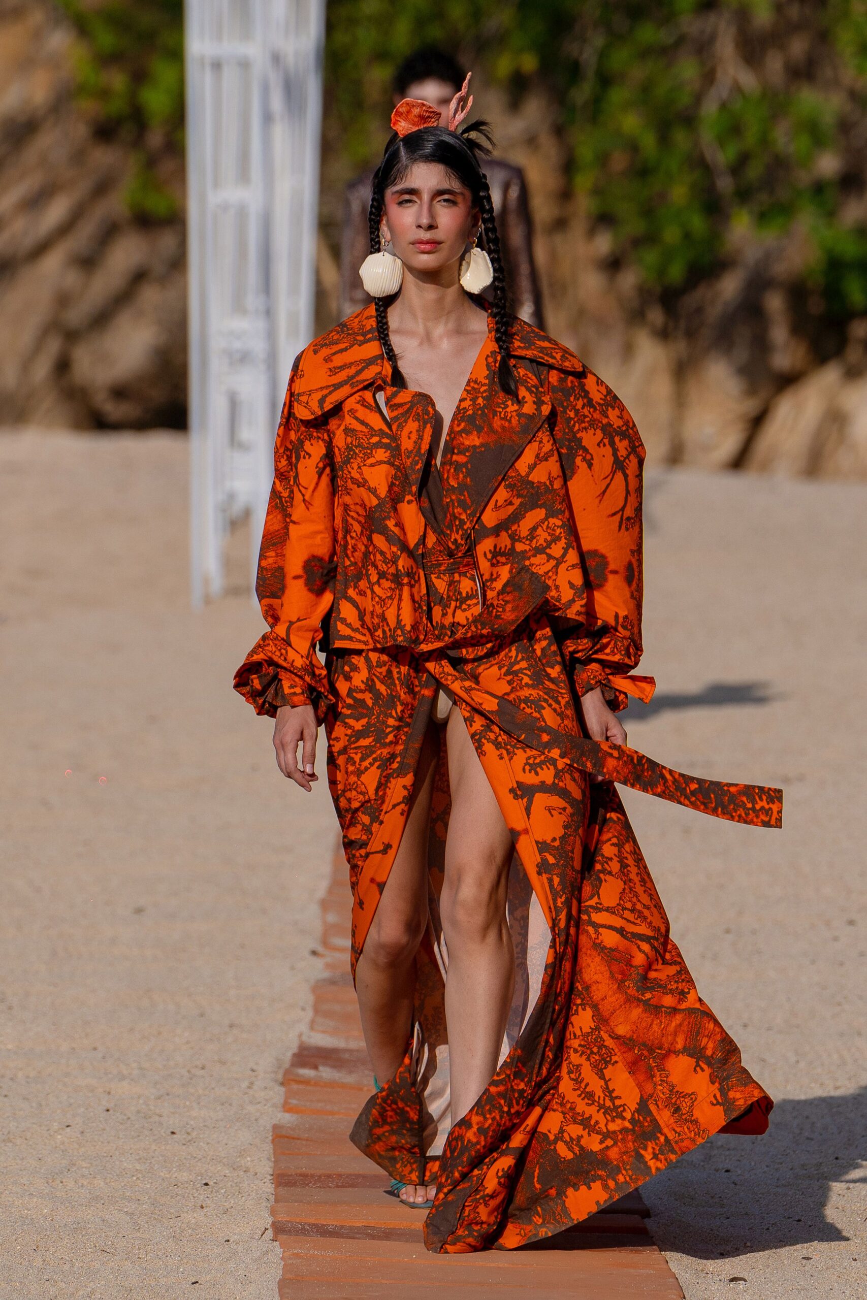 orange cotton long-sleeve v-neck relaxed printed tiered dress