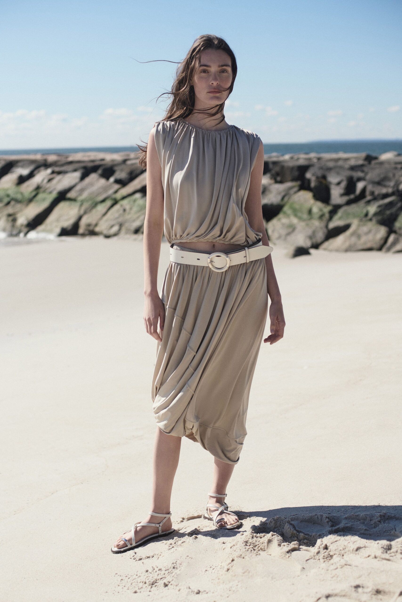 beige draped midi dress with belt