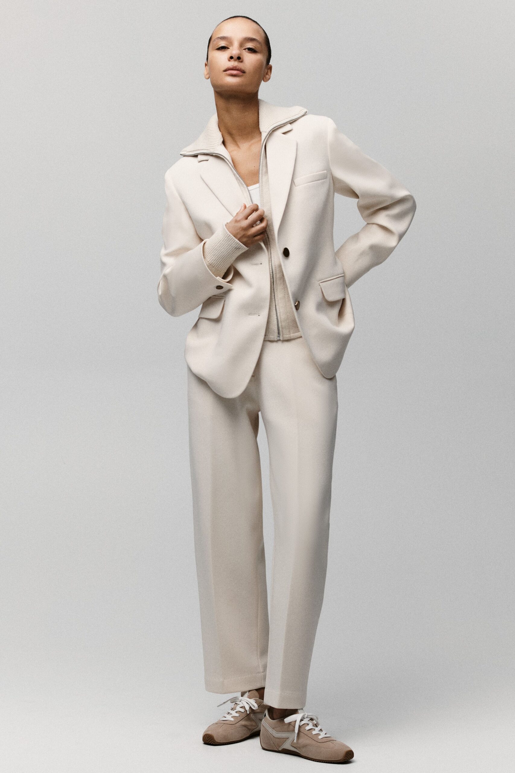 beige wool blazer and pants