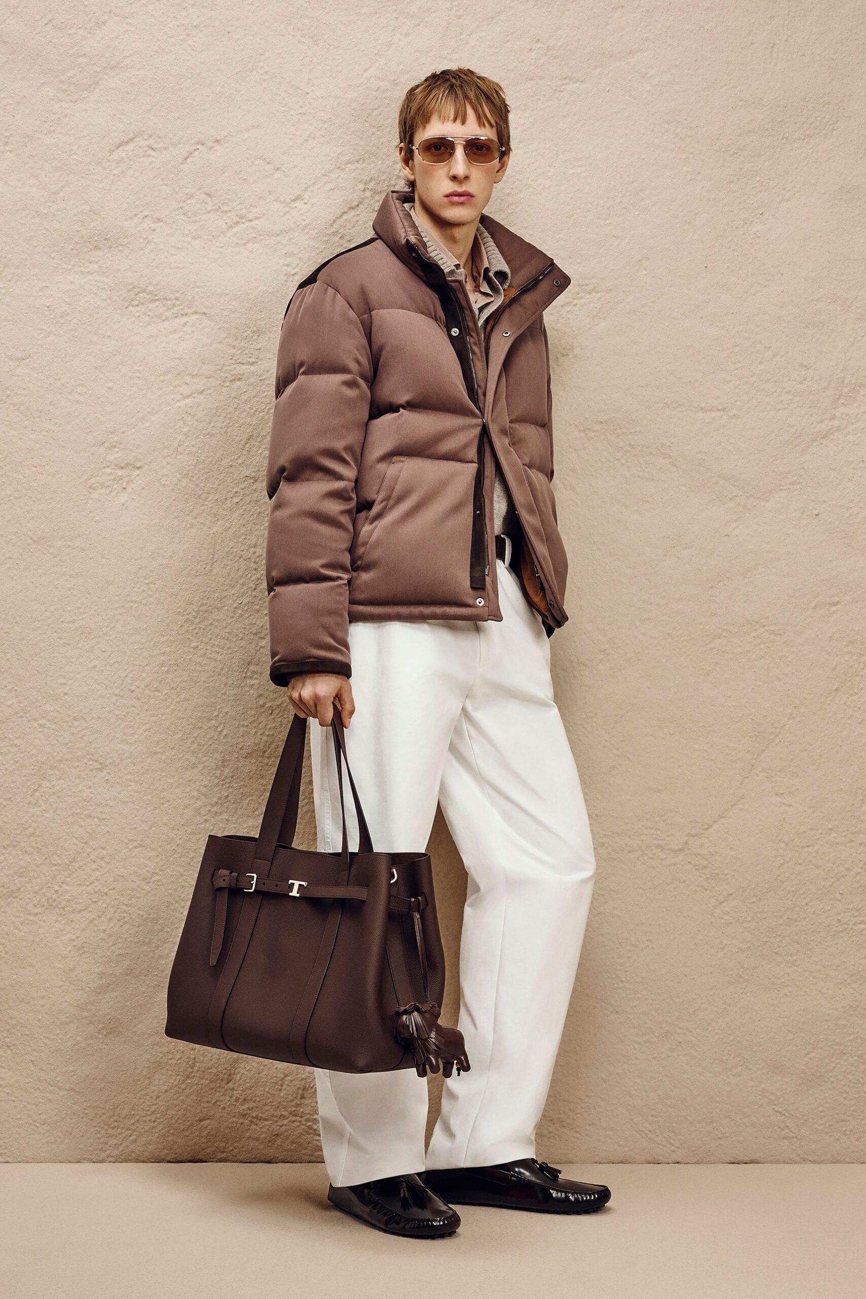 brown relaxed jacket with white pants
