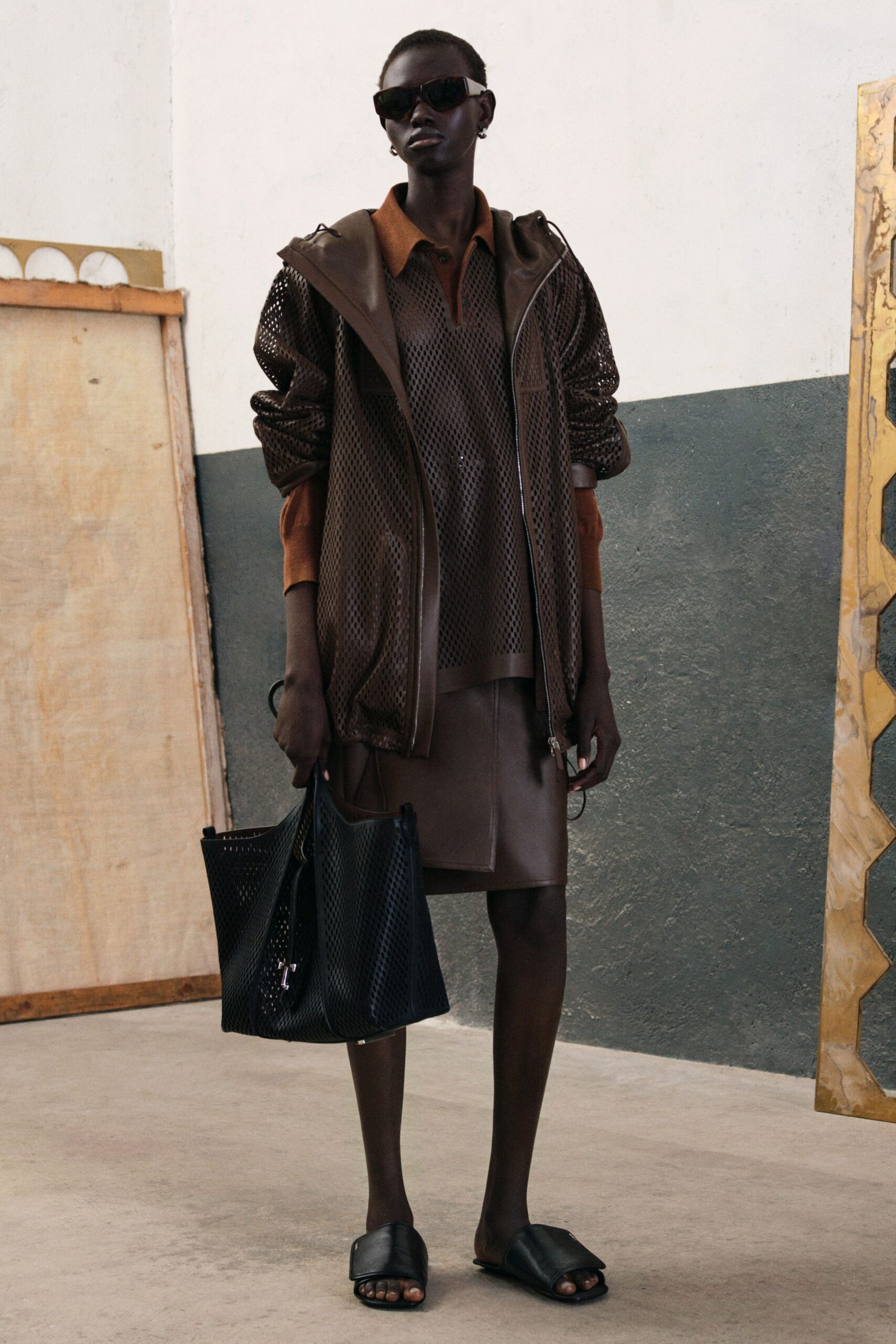 brown leather layered jacket