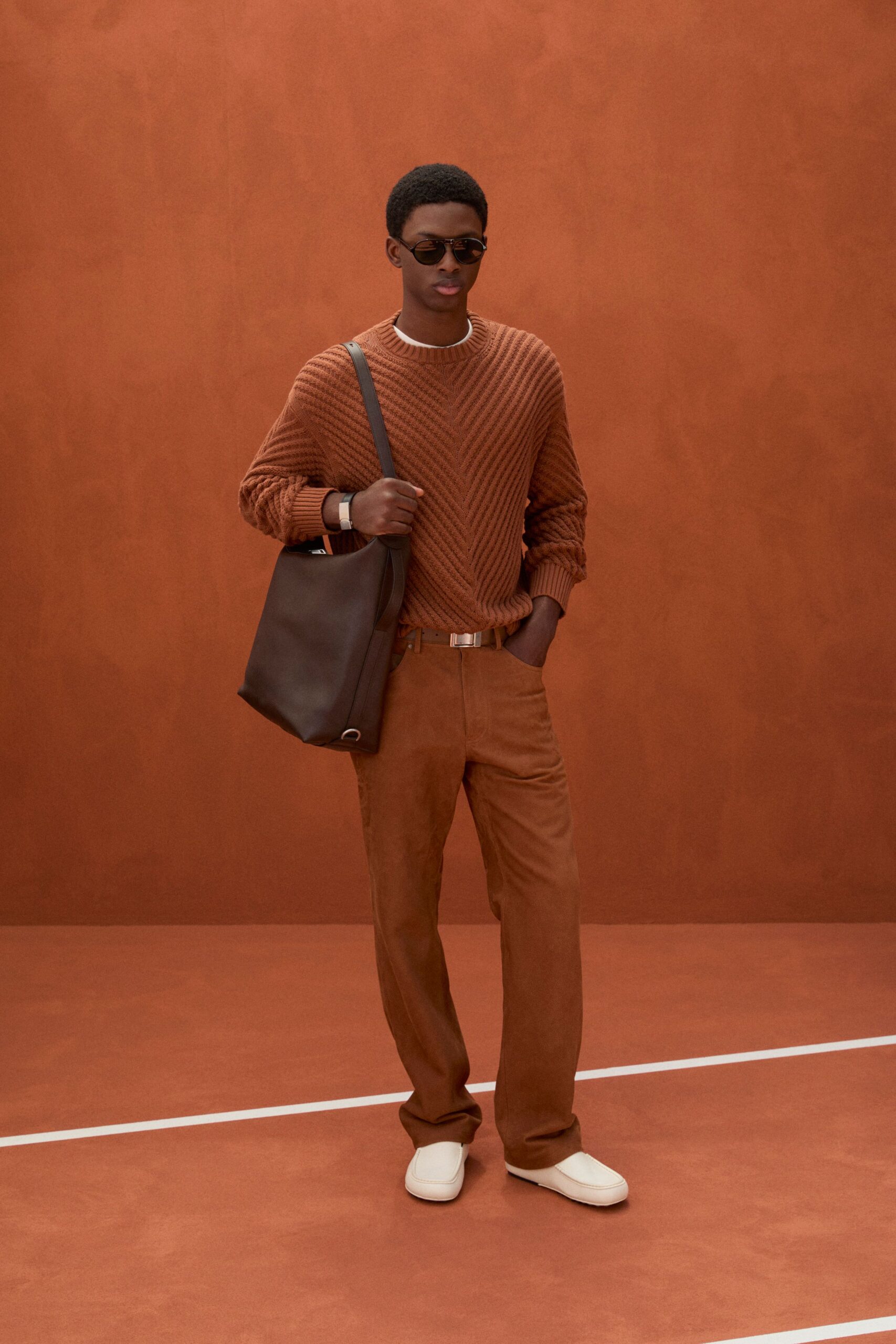 tan suede fitted straight-leg pants