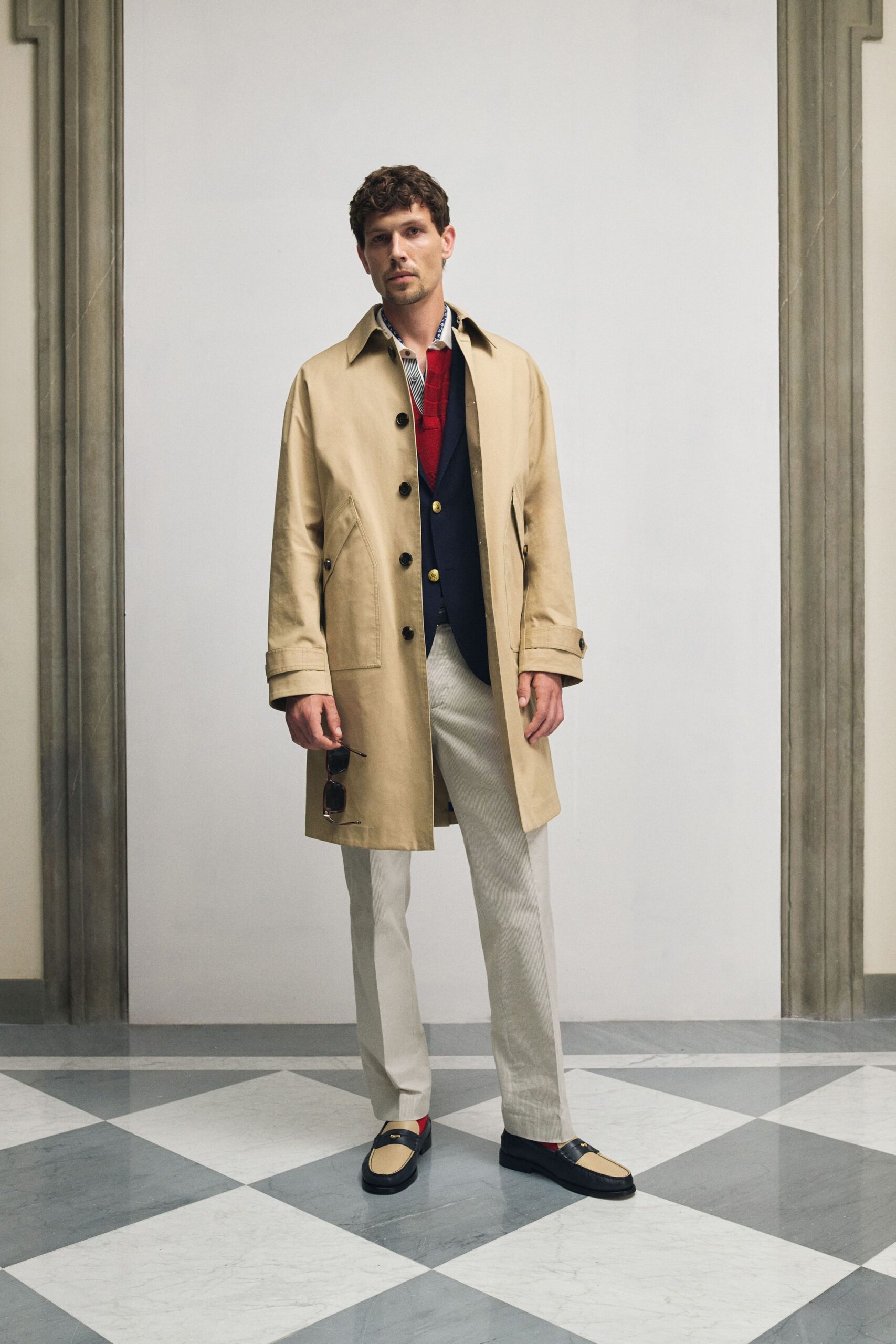 beige cotton slim straight-leg pants