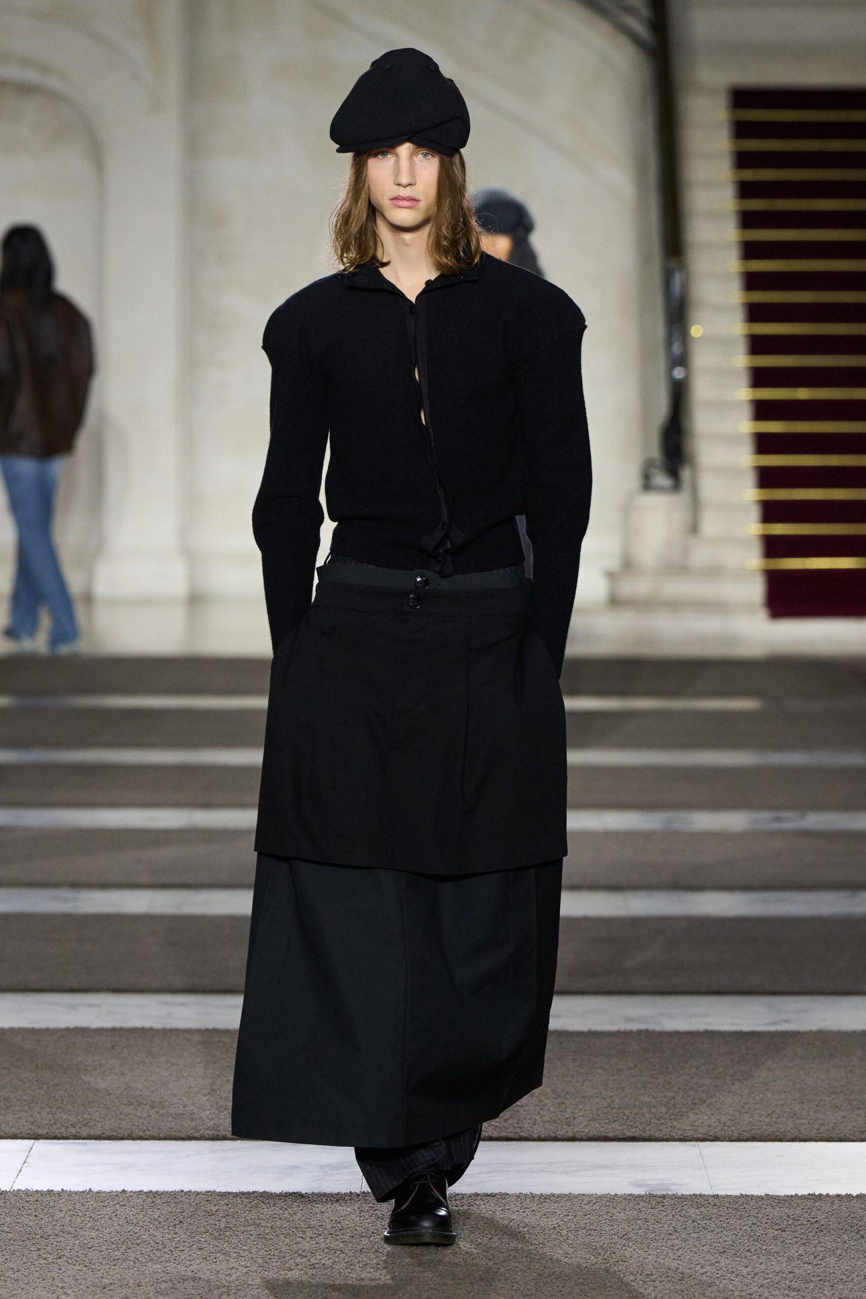 black fitted top with midi skirt