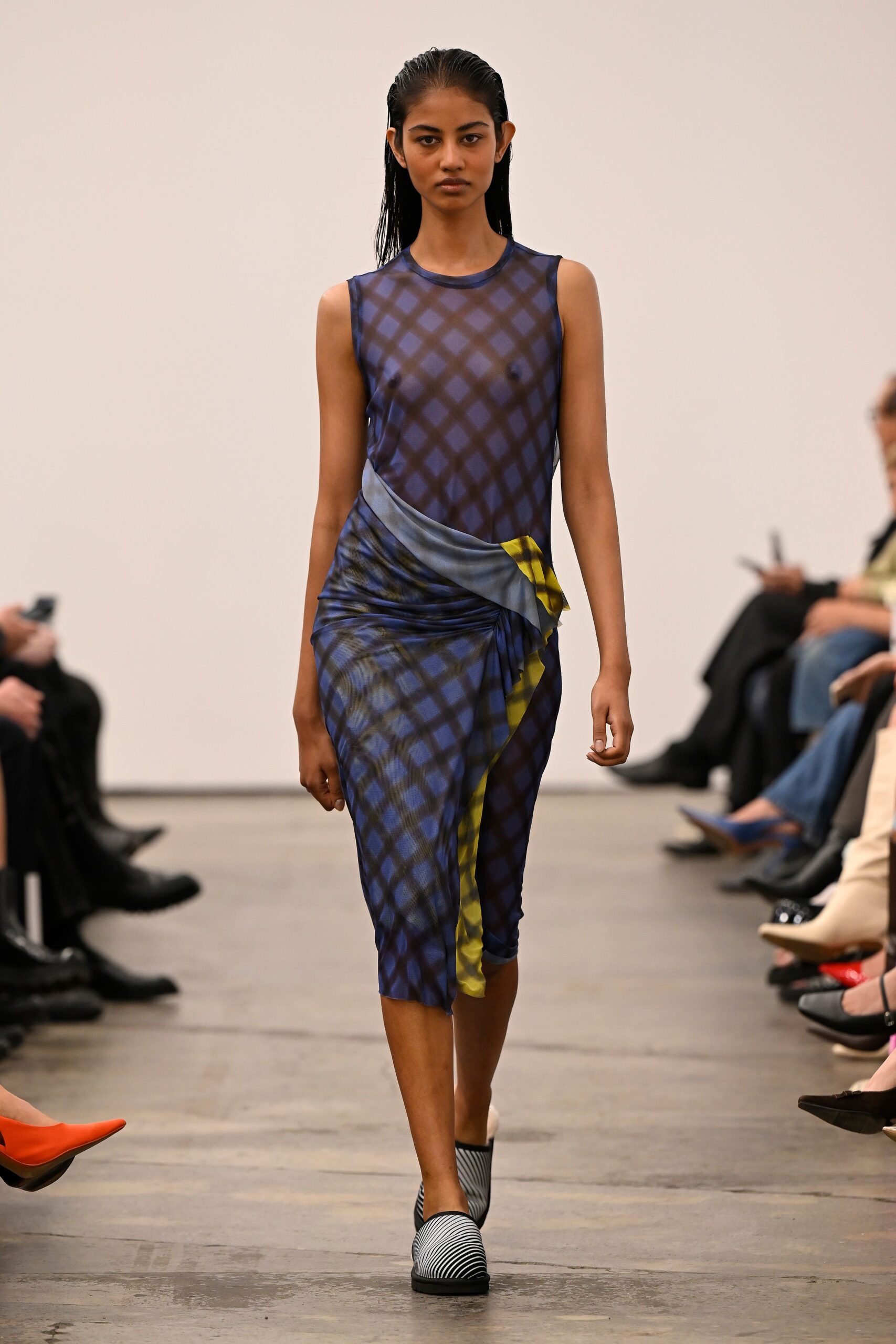 blue mesh sleeveless v-neck fitted draped printed dress