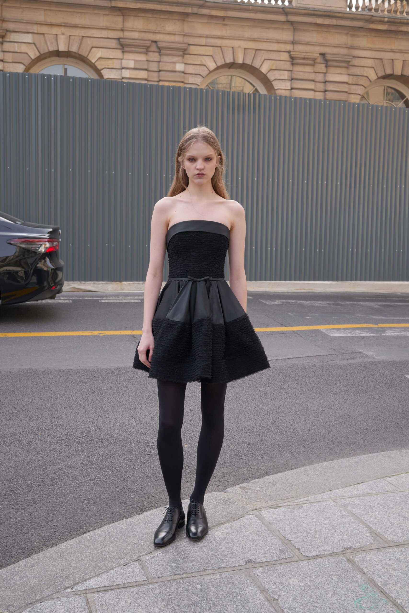 black cotton strapless fitted pleated mini dress