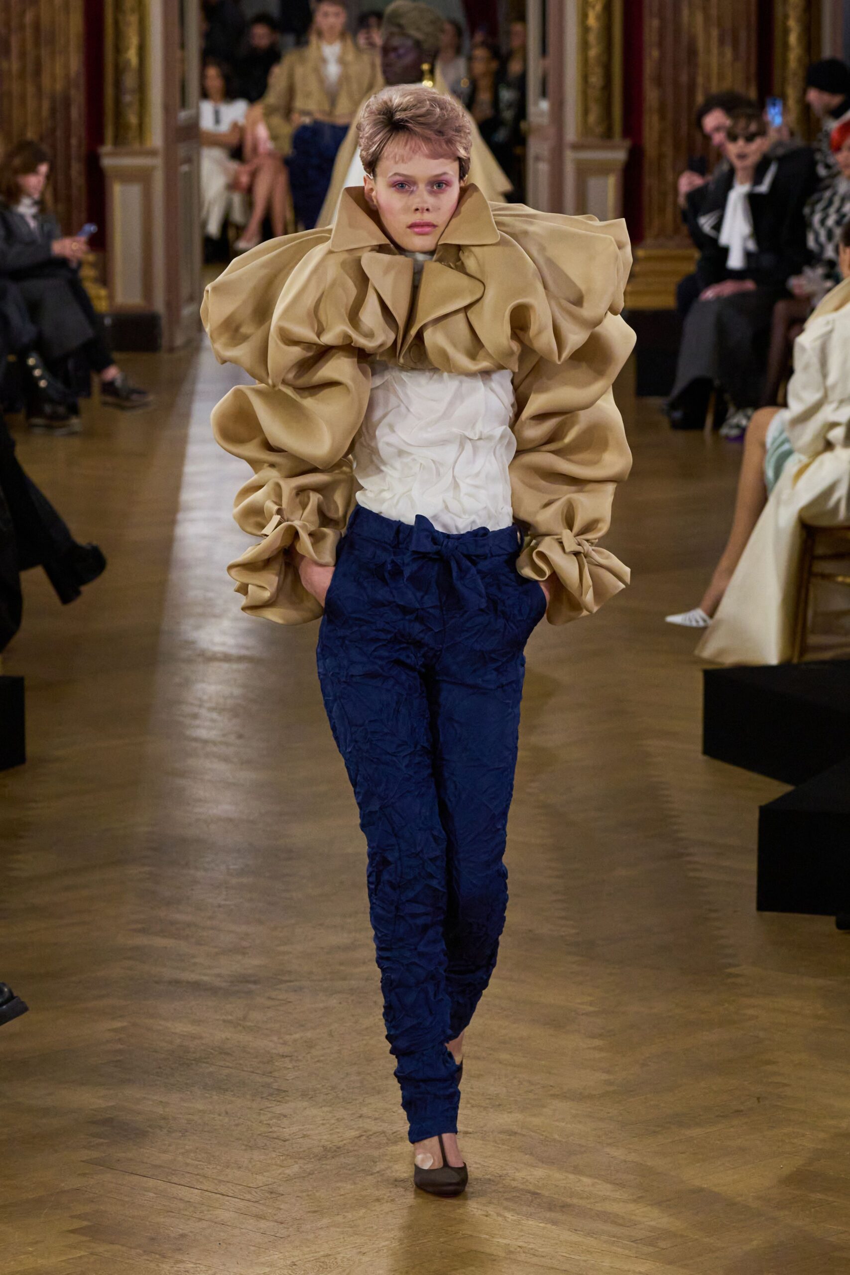 beige silk long-sleeve oversized ruffled jacket