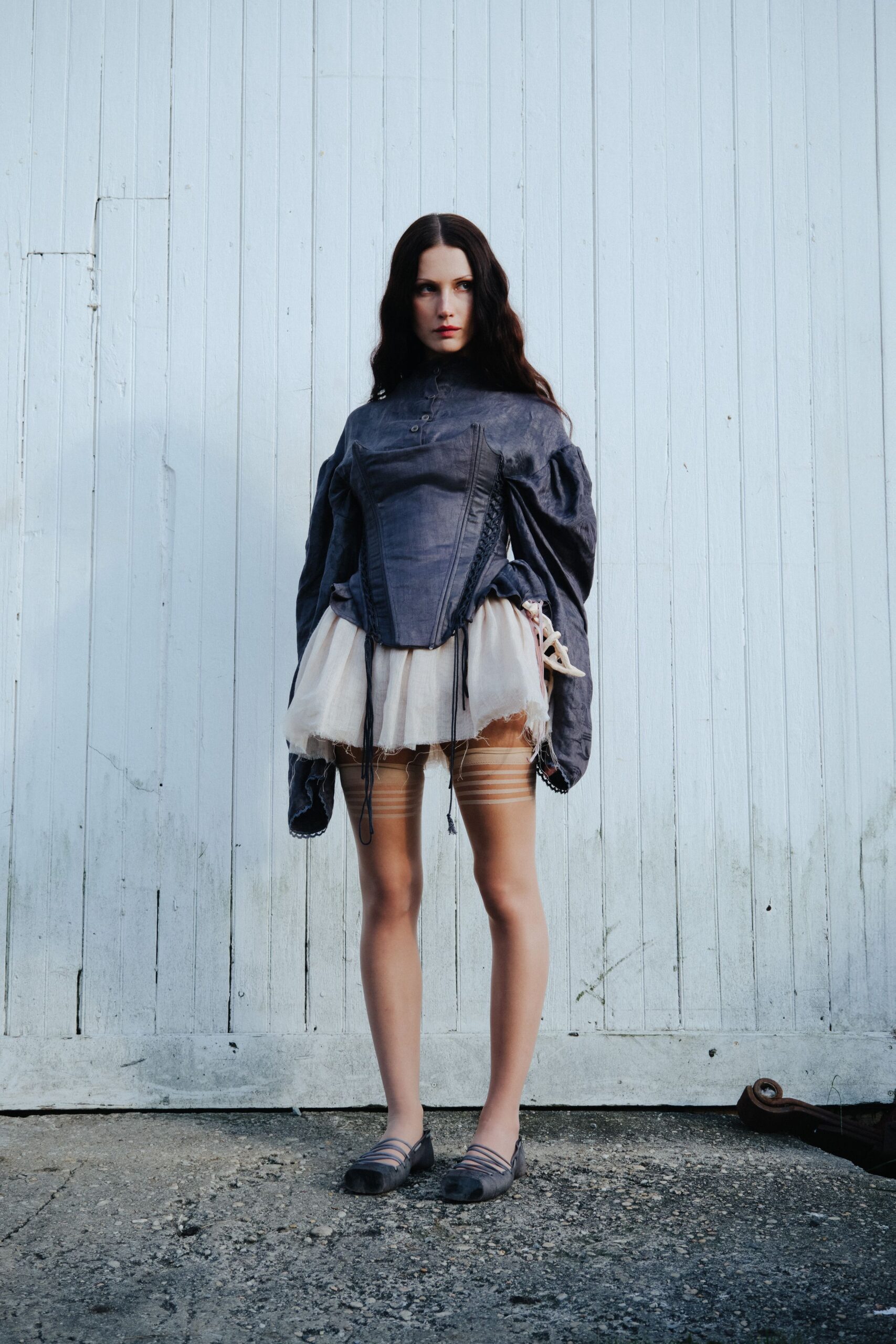 blue denim top with beige tulle skirt