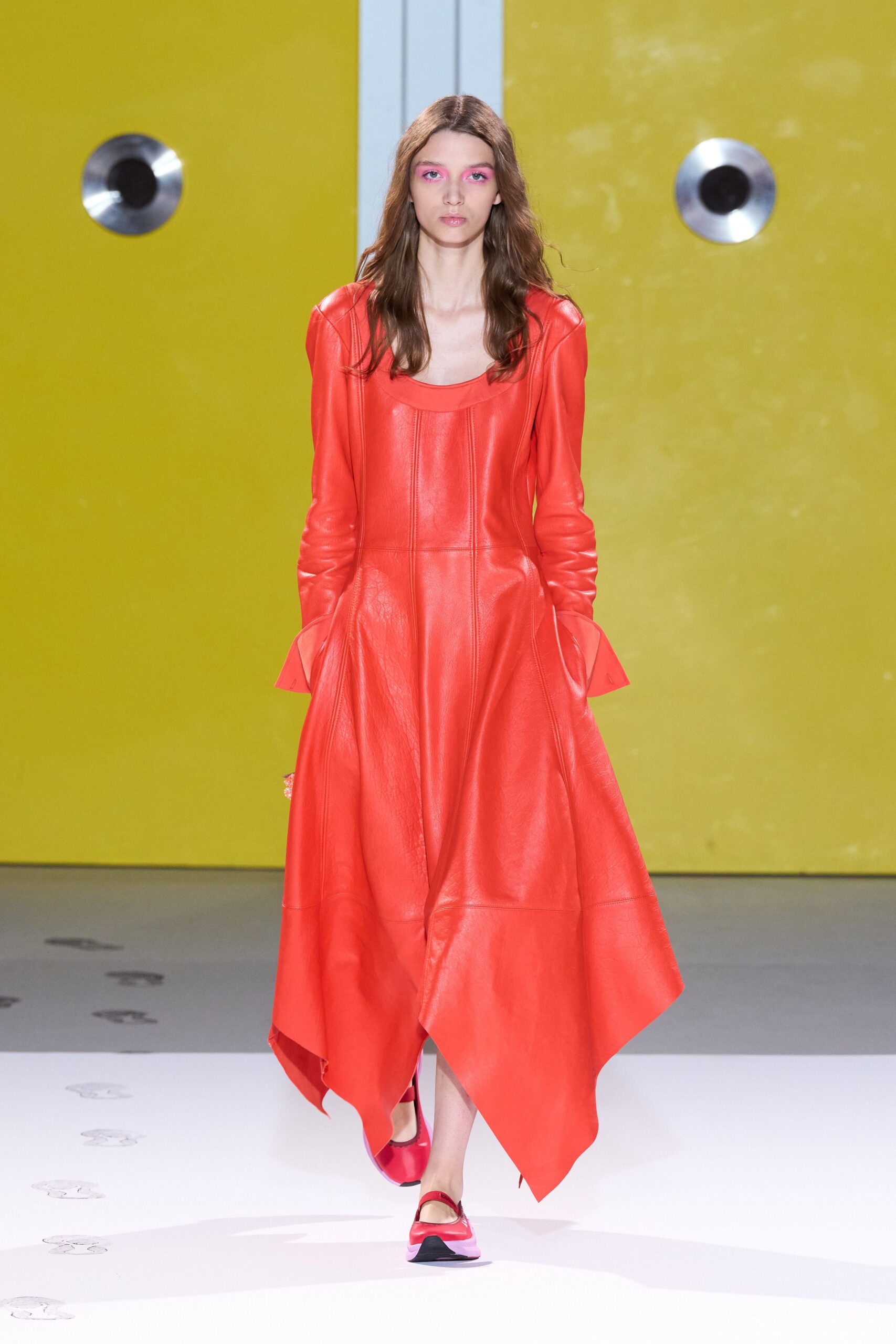 red leather long-sleeve v-neck fitted midi dress