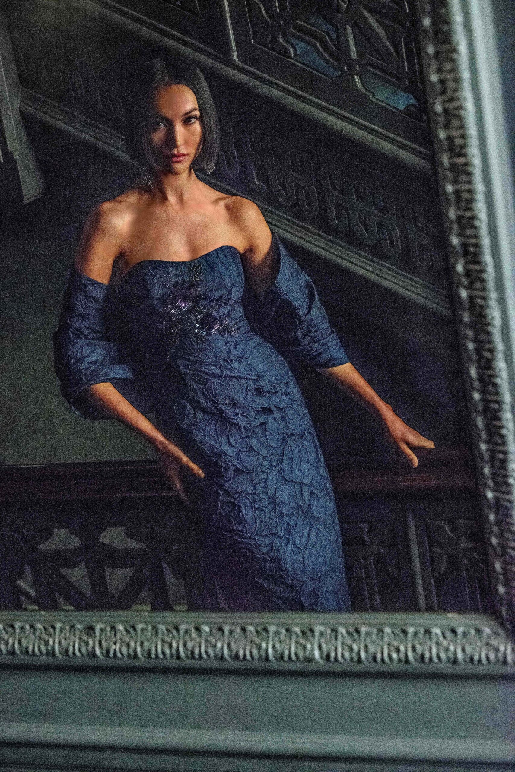 blue silk gown with cape