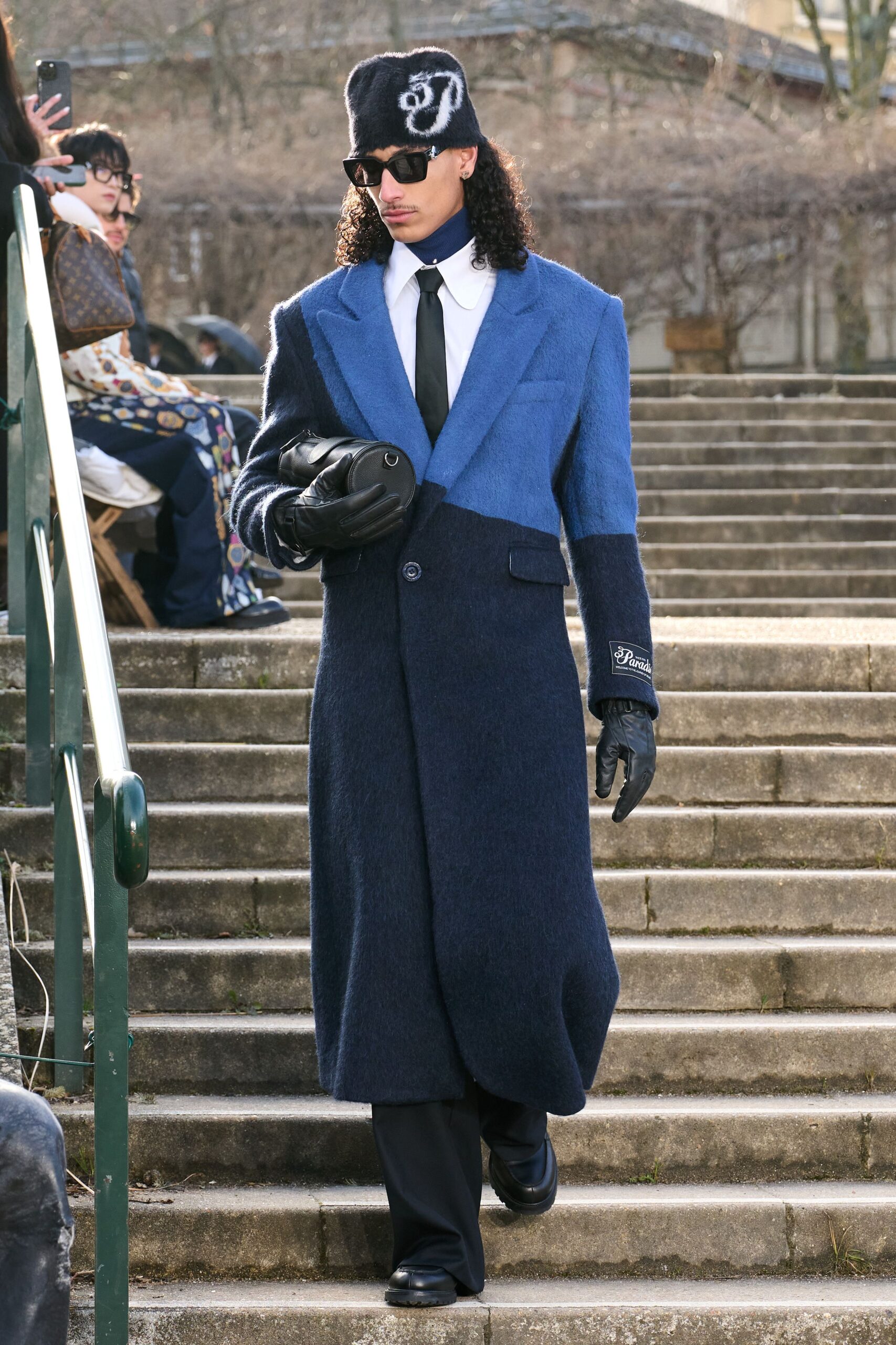 blue wool long-sleeve collared fitted color-blocked maxi coat