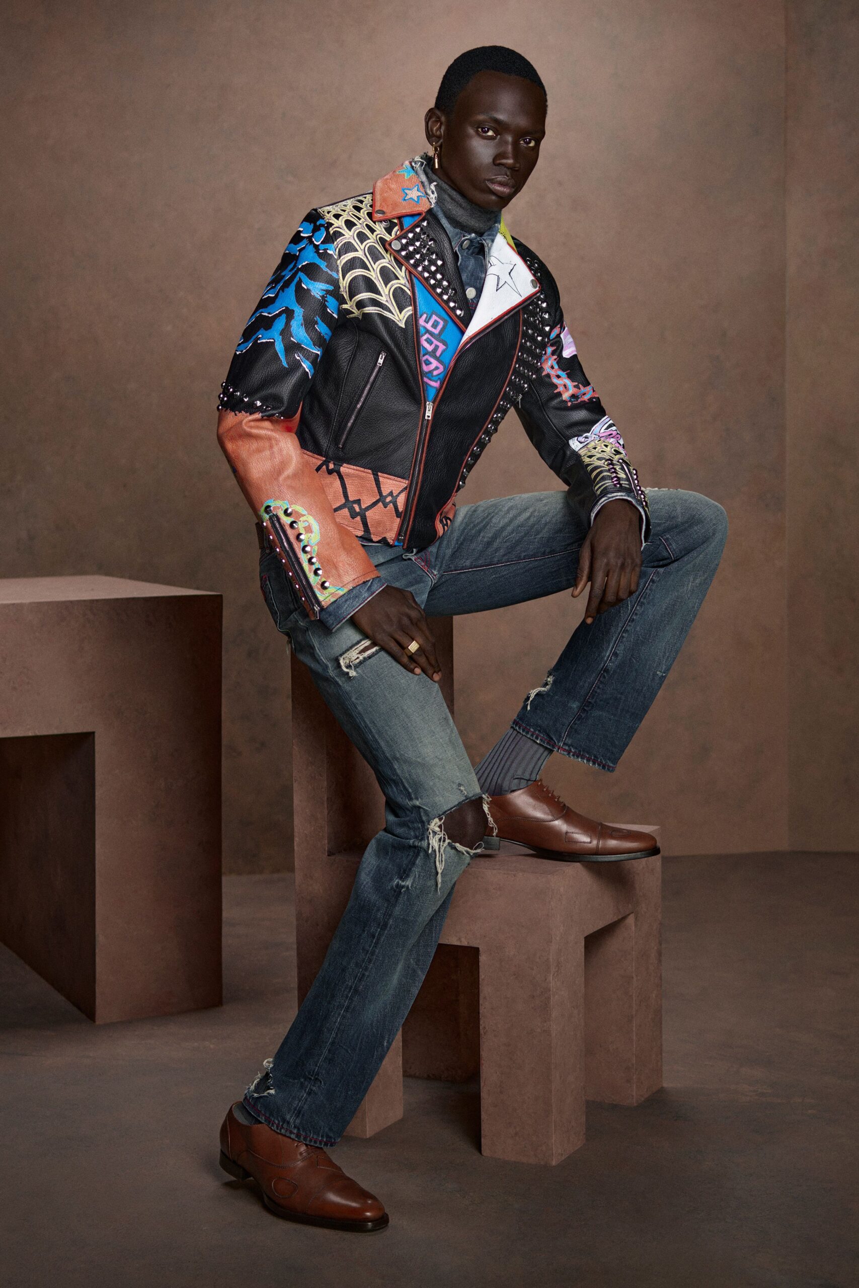 colorful leather jacket with jeans