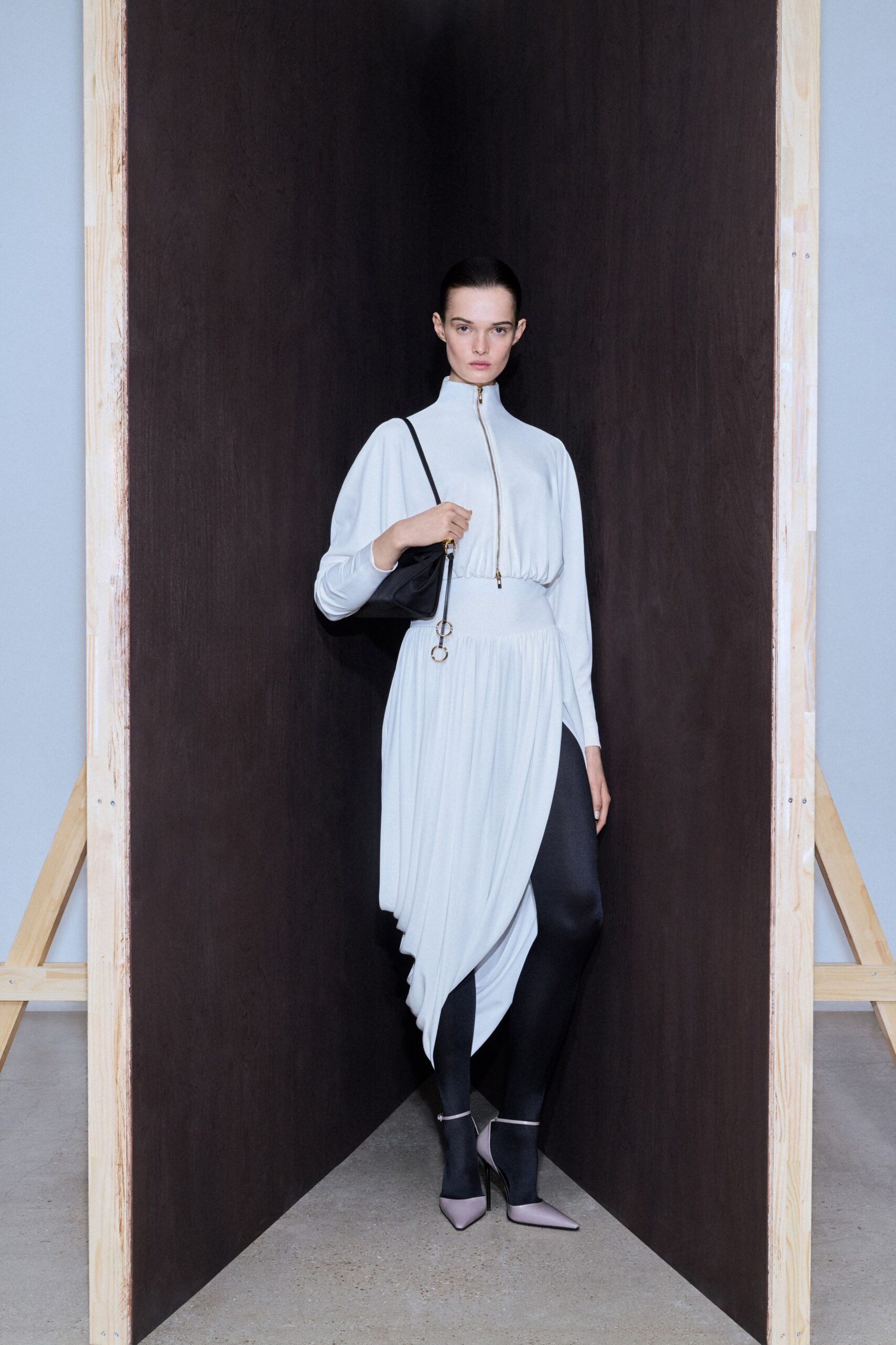 white cotton long-sleeve high-neck fitted draped midi dress