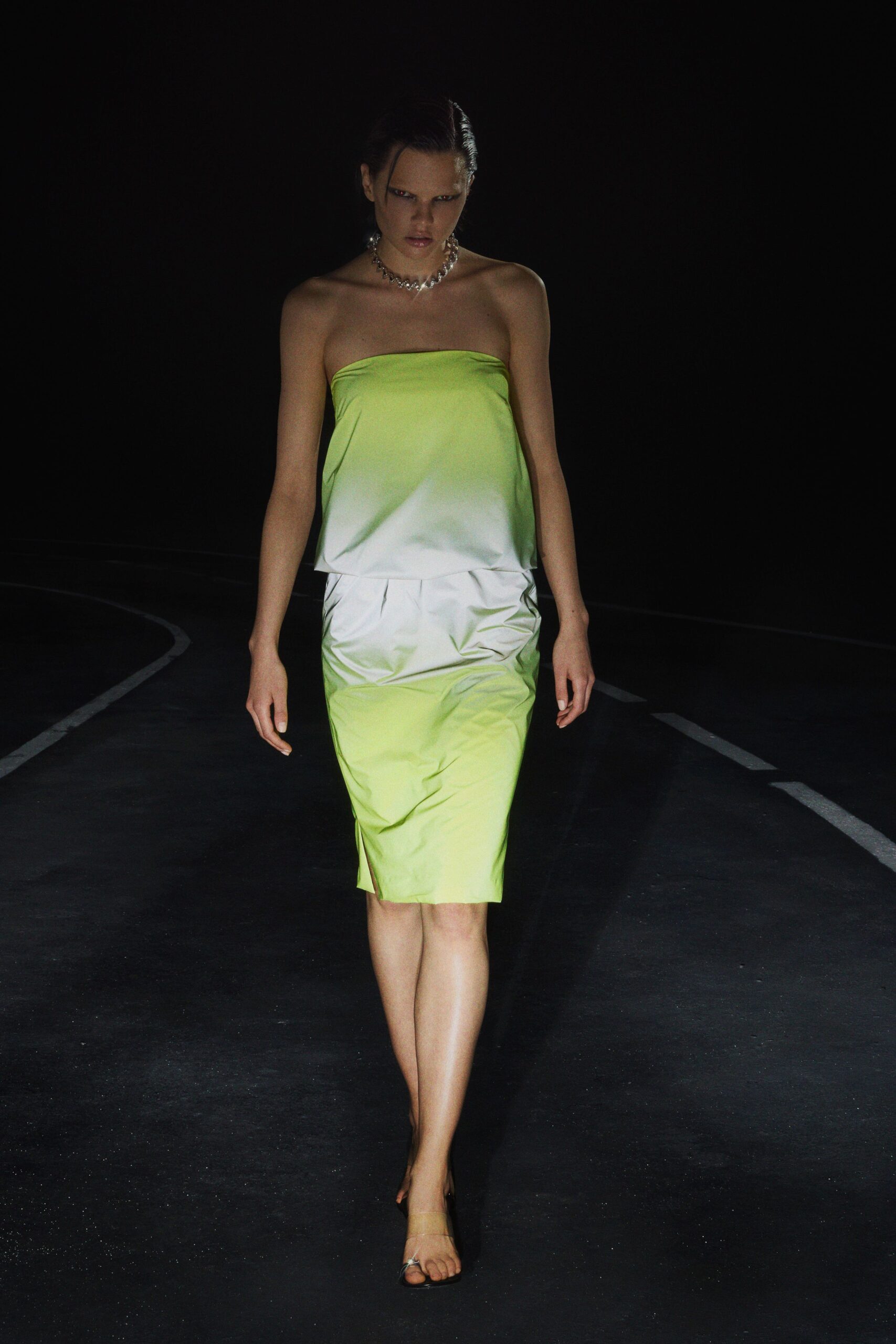 green silk strapless fitted draped flowing midi dress