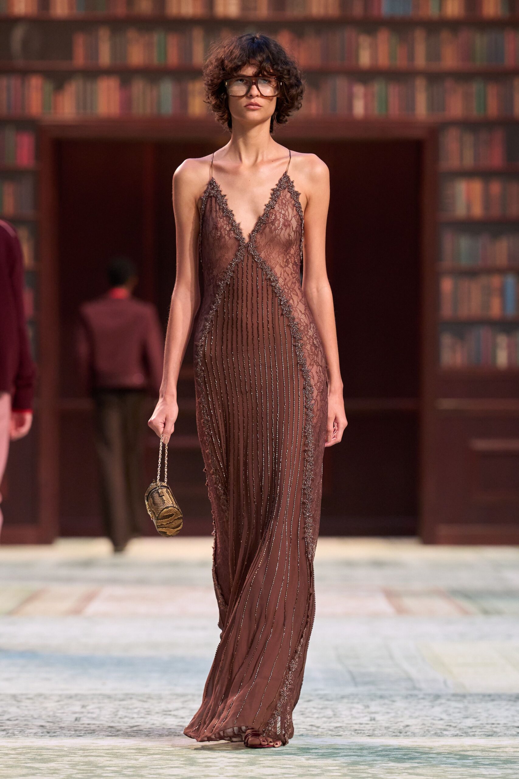 brown silk sleeveless v-neck fitted pleated embroidered gown