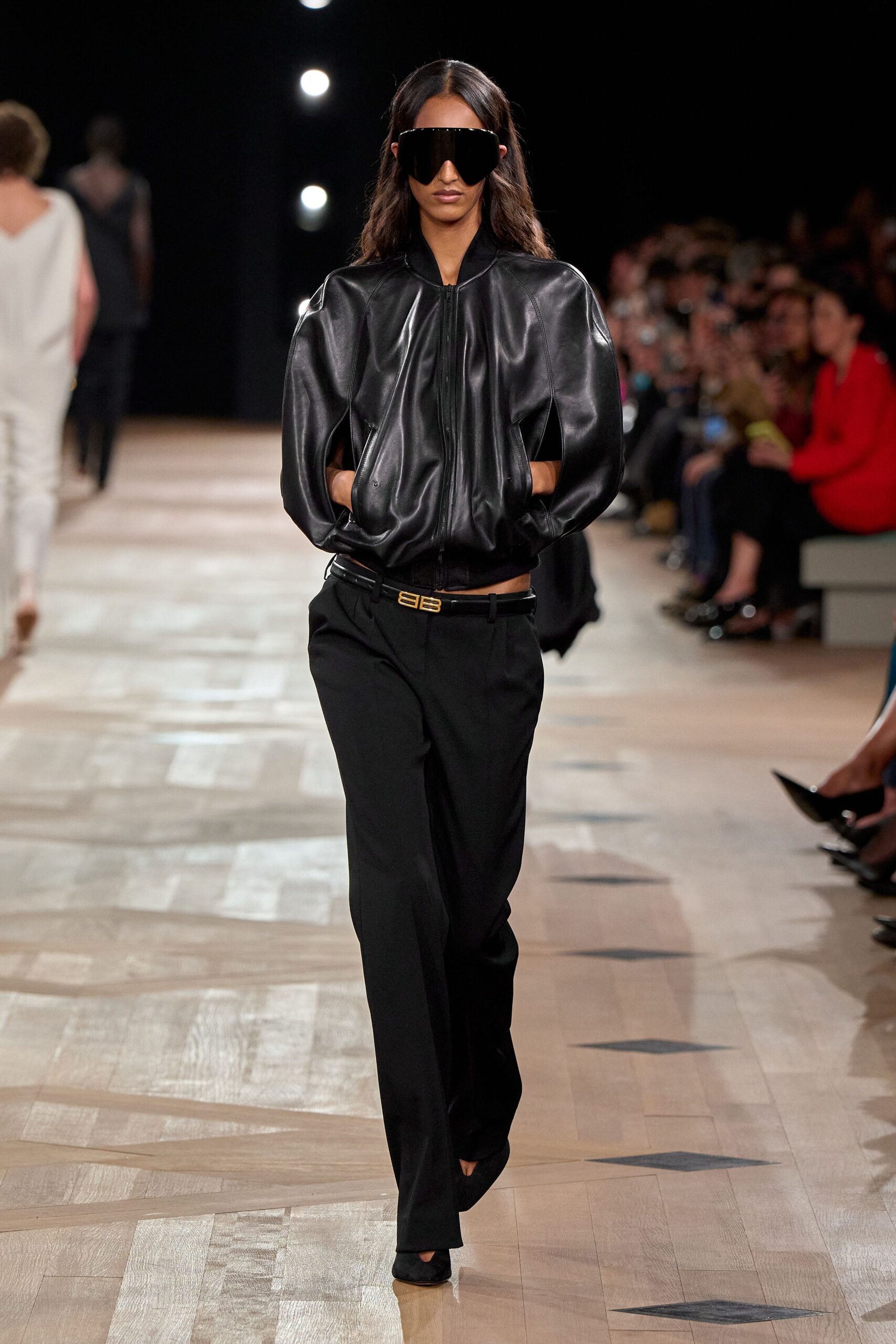 black leather top with relaxed pants