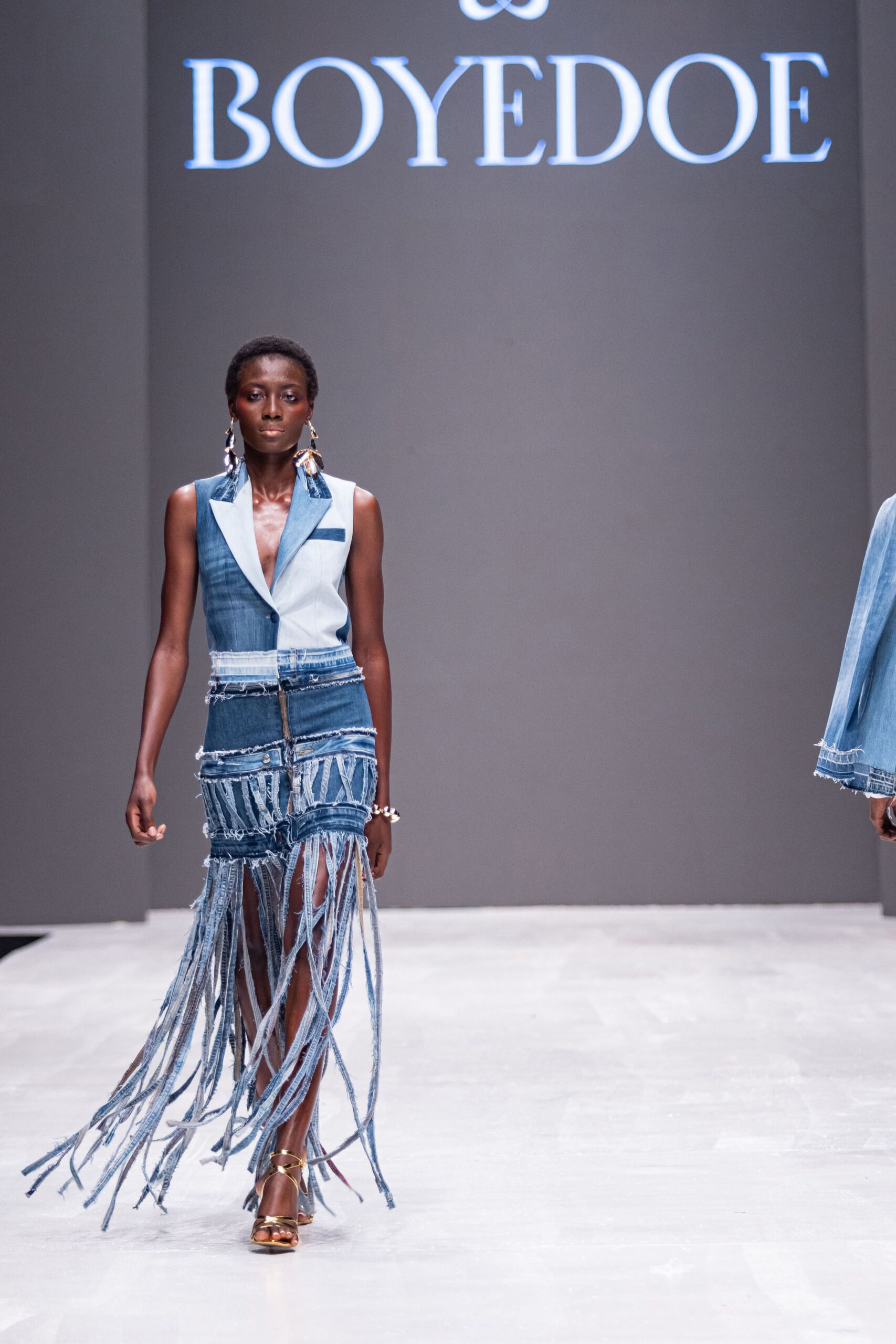 blue denim sleeveless v-neck fitted fringed layered dress