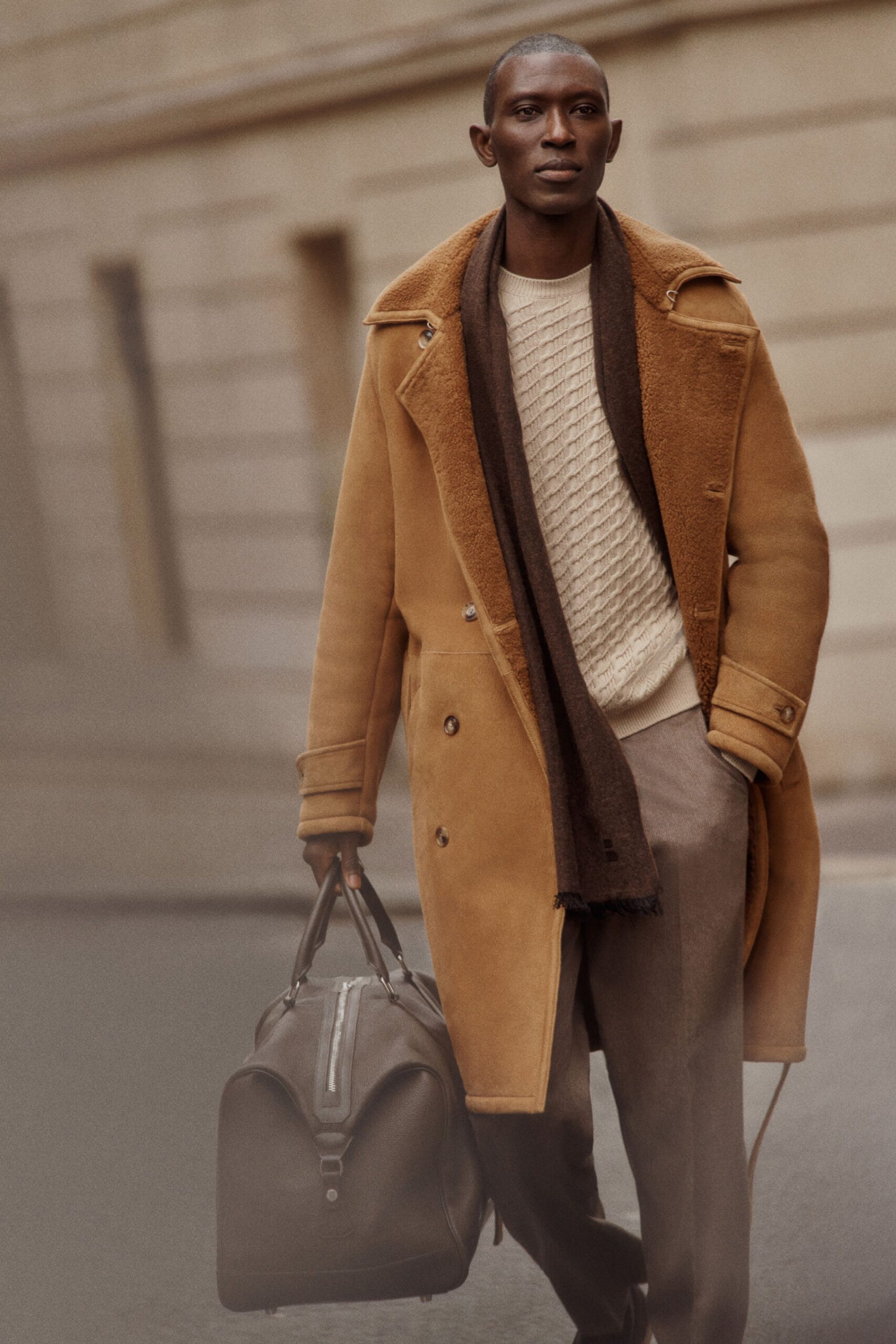 brown wool long-sleeve double-breasted structured buttoned coat