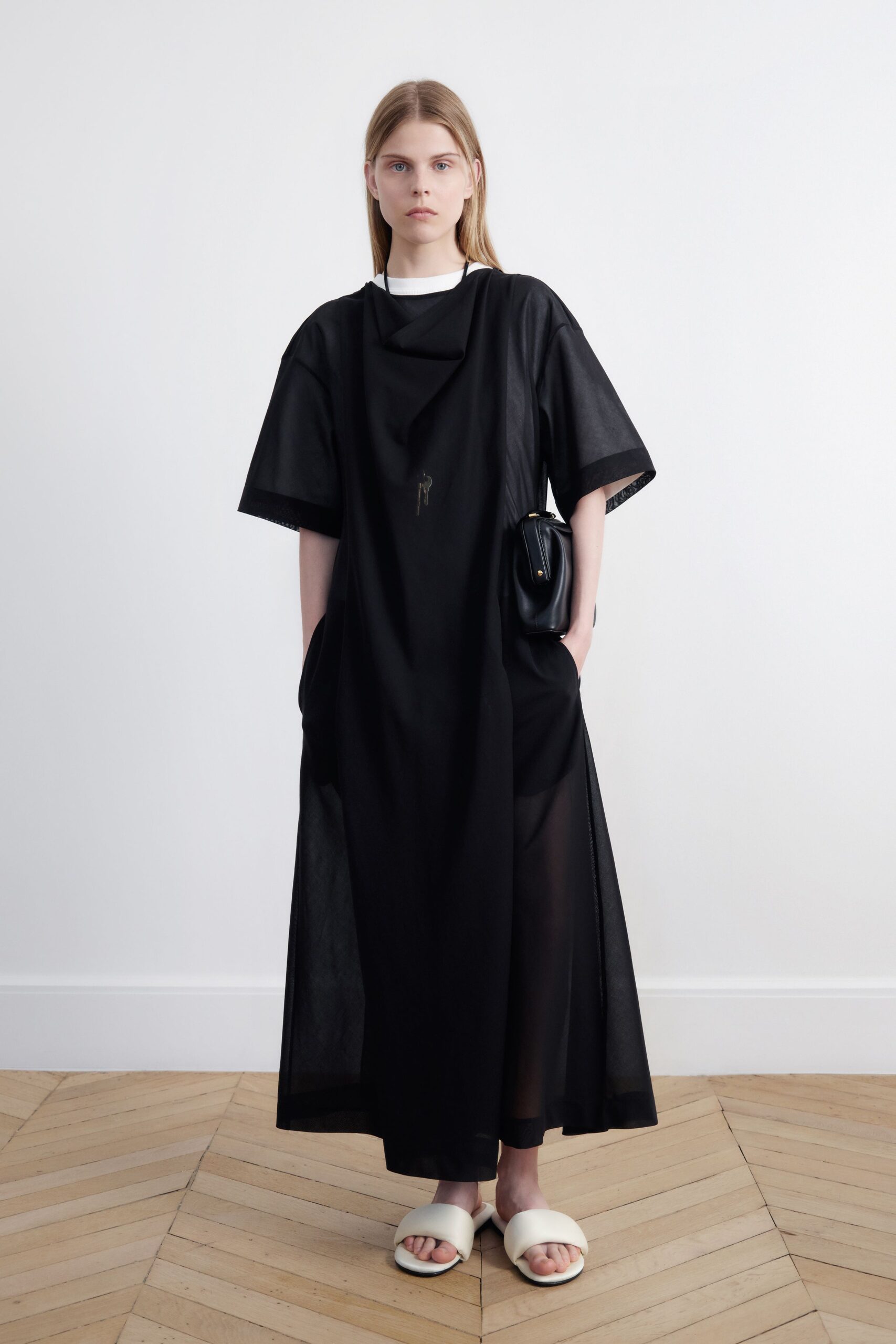 black cotton short-sleeve v-neck relaxed layered sheer dress