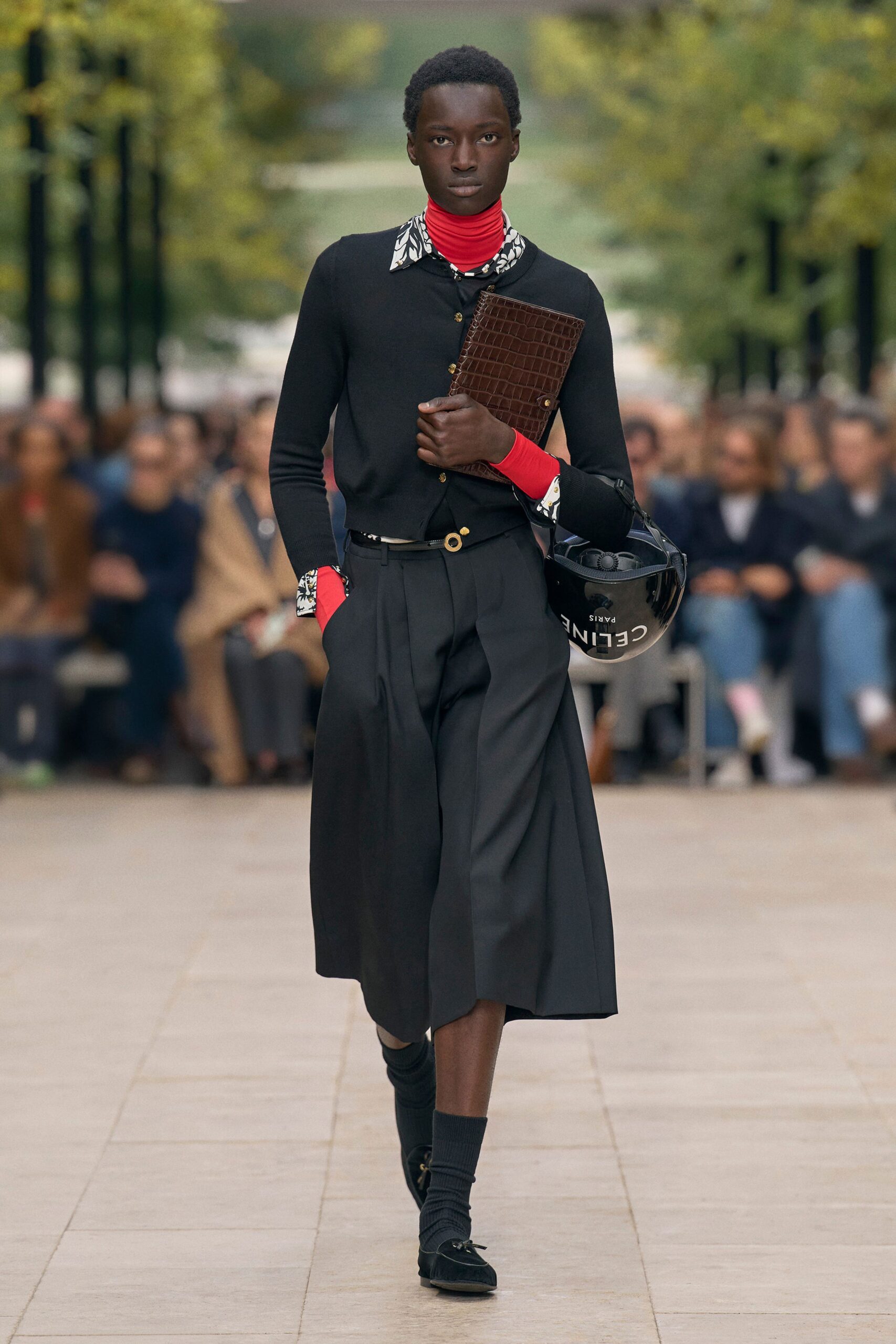 black cardigan red top midi skirt